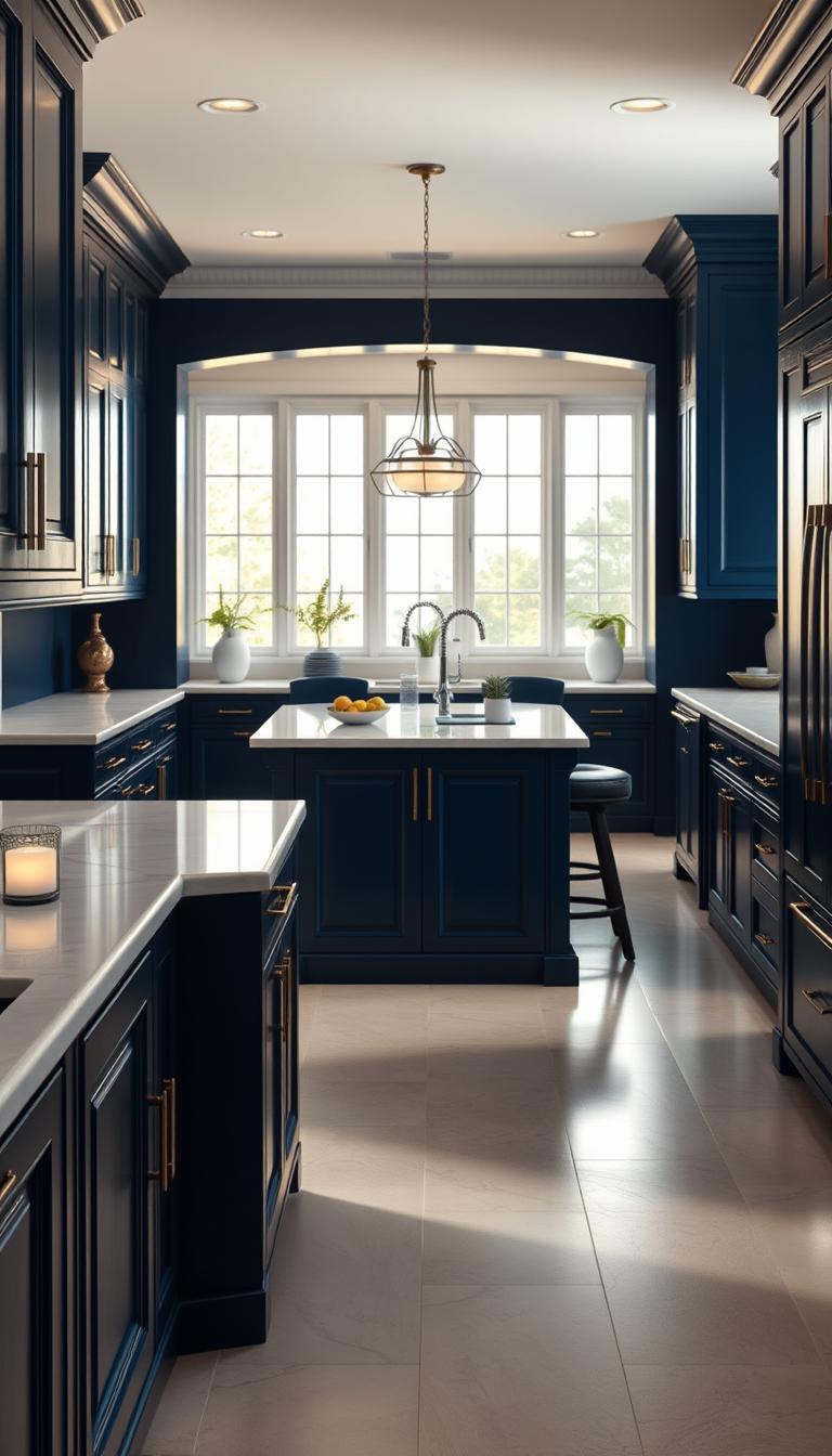 A beautifully designed kitchen featuring navy blue cabinets that create a stunning contrast with soft white countertops. The foreground includes detailed cabinetry with elegant brass handles, showcasing the rich texture of the navy finish. In the middle space, a stylish island is adorned with navy accents and a marbled quartz top, complemented by contemporary barstools. The background reveals a cozy dining area with natural light streaming through large windows, reflecting off the navy surfaces, creating an inviting and serene atmosphere. Soft, warm lighting enhances the depth of the cabinetry, emphasizing the harmonious blend of navy with white elements. The photorealistic quality captures every detail in high definition, conveying a sophisticated and modern kitchen design that embodies the essence of blue-based color combinations.