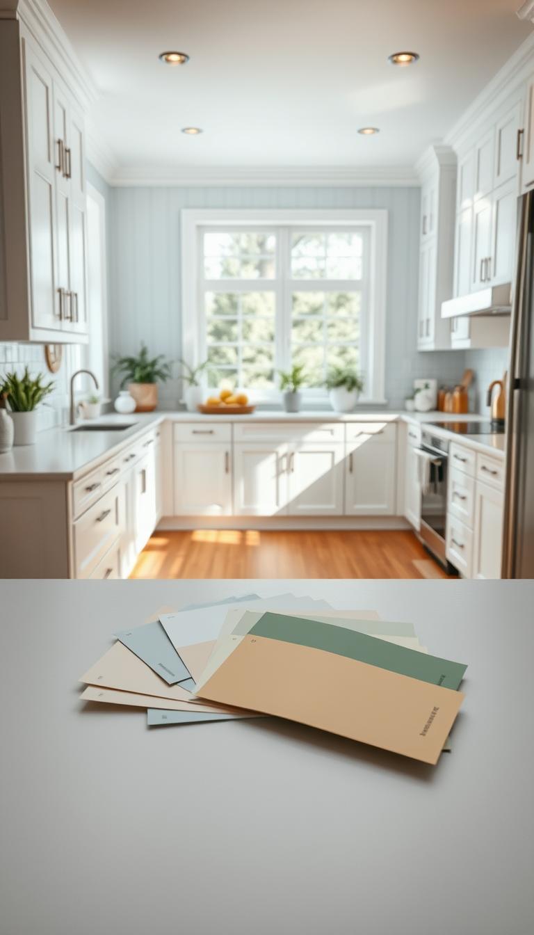 A beautifully designed kitchen featuring white cabinets and a warm wooden floor, showcasing various wall colors that harmoniously complement the cabinetry and flooring. In the foreground, display paint swatches in gentle pastel tones like soft blues, pale grays, and muted greens spread across a sleek countertop. In the middle ground, the kitchen presents a bright and airy atmosphere with natural light streaming through large windows, casting soft shadows. The background includes tasteful decor elements such as potted herbs and stylish kitchen accessories, enhancing the inviting ambiance. The scene captures a contemporary design aesthetic, emphasizing clear lines and minimal clutter. The mood is fresh and welcoming, inviting viewers to envision these color combinations in their own spaces. Photorealistic details, high definition, and a slight angle that provides depth.
