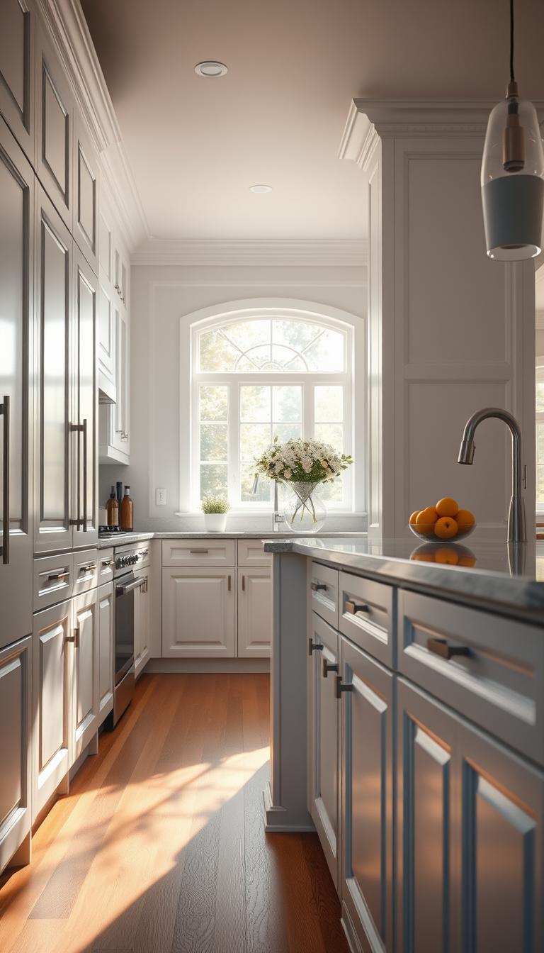 A beautifully designed kitchen showcasing pristine white cabinets that reflect a sense of elegance and modernity. The foreground features the cabinets with intricate details, highlighting the smooth, glossy finish and subtle textures of wood grain. In the middle, a wooden floor with warm undertones enhances the inviting atmosphere, contrasting softly with the cabinetry. The background reveals a spacious kitchen bathed in natural light, streaming in through a large window, creating a bright and airy ambiance. Include soft shadows and highlights to emphasize depth. Use a wide-angle lens perspective to capture the openness of the space, and ensure the overall mood is fresh, welcoming, and stylish, ideal for a contemporary kitchen environment.