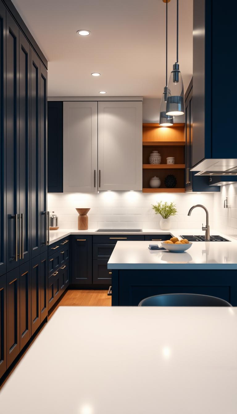 A beautifully designed kitchen showcasing two-color kitchen cabinets, highlighting a harmonious blend of white and deep navy blue. In the foreground, elegant cabinet doors with sleek modern handles are adorned with minimalist decor, creating a clean aesthetic. The middle ground features a stylish kitchen island topped with a polished white quartz countertop, complemented by stylish bar stools. In the background, soft ambient lighting illuminates the space, emphasizing warm wood accents on the shelves. The atmosphere is inviting and contemporary, capturing the essence of modern kitchen design. The scene is portrayed from a slight angle to capture depth, employing a high-definition, photorealistic style to bring out textures and colors vividly.