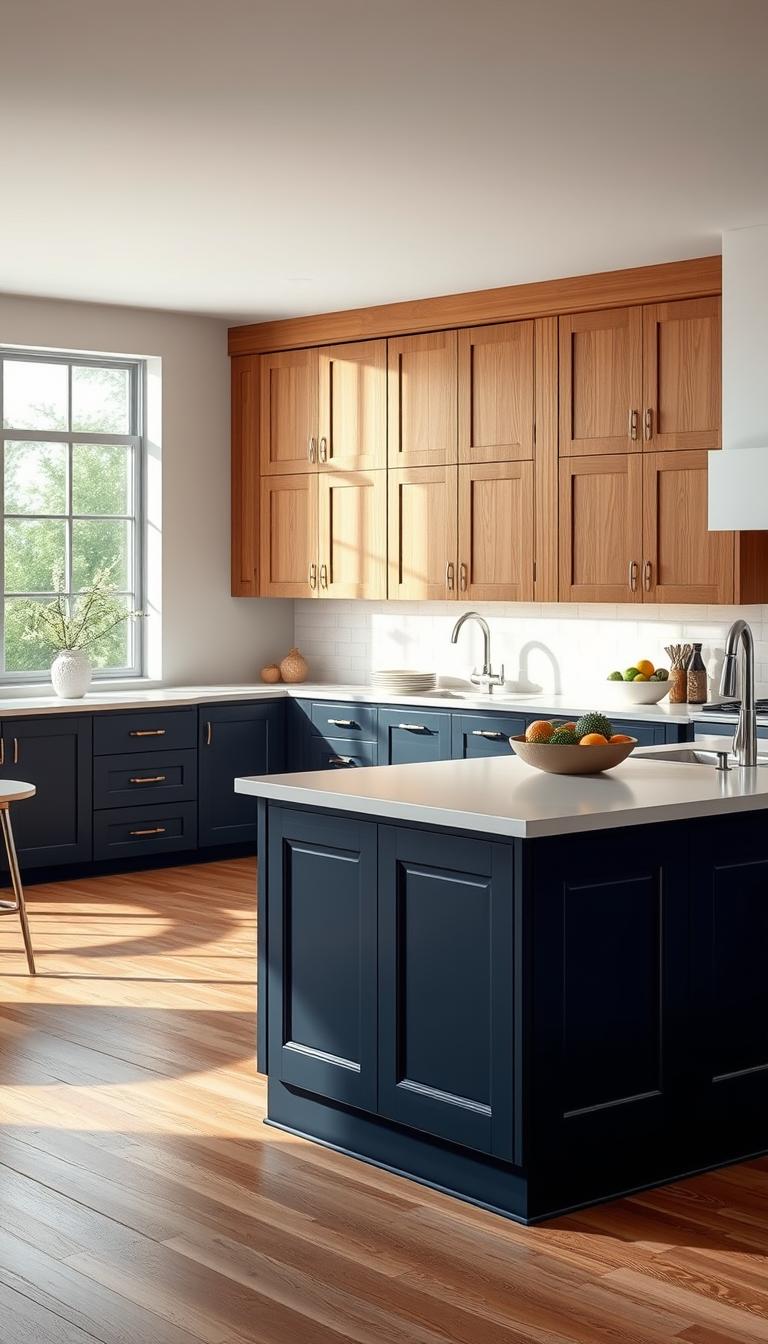 A beautifully designed kitchen showcasing two-tone cabinets, finely arranged to illustrate effective color strategies in small and large kitchen spaces. In the foreground, a sleek island featuring a deep navy base cabinet paired with a crisp white countertop. In the middle, spacious cabinetry with warm oak tones blending harmoniously with soft pastel hues, embodying a refined balance. The background reveals an expansive window illuminating the scene with soft, natural light, creating a serene atmosphere. The overall mood is inviting and stylish, emphasizing the elegance of design choices. The image should be photorealistic and high definition, capturing every detail of the textures, colors, and reflections in the cabinetry, with a focus on the dynamic interplay of light and shadow.