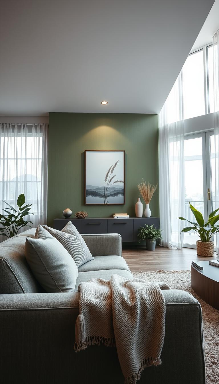 A beautifully designed living room featuring a striking sage green accent wall that exudes tranquility and style. In the foreground, a cozy sofa adorned with neutral cushions and a soft throw blanket invites relaxation. The middle layer showcases the sage green wall, richly textured with a modern finish, complemented by minimalist artwork showcasing natural themes. In the background, large windows allow soft, diffused natural light to filter through sheer curtains, creating a warm and inviting atmosphere. The room is tastefully decorated with potted plants and understated decor elements, enhancing the calming vibe. The scene is captured with a wide-angle lens at eye level, emphasizing the serenity and aesthetic appeal of the space while ensuring a photorealistic and high-definition quality.