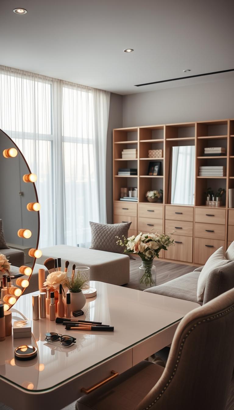 A beautifully designed makeup room showcasing a blend of Hollywood glam and Scandinavian calm. In the foreground, an elegant vanity table with a large, round mirror adorned with soft, warm LED lights. The table is organized with luxurious makeup products, brushes, and a chic arrangement of fresh flowers. In the middle ground, stylish storage solutions featuring minimalist design and natural wood tones, complemented by plush seating upholstered in neutral colors. The background reveals large windows allowing natural light to flood the space, draped with sheer white curtains that create an airy feel. The atmosphere is serene and inviting, evoking a sense of relaxation and creativity. Capture the image in high definition with soft lighting to enhance the tranquil mood, using a wide-angle lens to encompass the entire room's design. A beautifully designed makeup room showcasing a blend of Hollywood glam and Scandinavian calm. In the foreground, an elegant vanity table with a large, round mirror adorned with soft, warm LED lights. The table is organized with luxurious makeup products, brushes, and a chic arrangement of fresh flowers. In the middle ground, stylish storage solutions featuring minimalist design and natural wood tones, complemented by plush seating upholstered in neutral colors. The background reveals large windows allowing natural light to flood the space, draped with sheer white curtains that create an airy feel. The atmosphere is serene and inviting, evoking a sense of relaxation and creativity. Capture the image in high definition with soft lighting to enhance the tranquil mood, using a wide-angle lens to encompass the entire room's design.