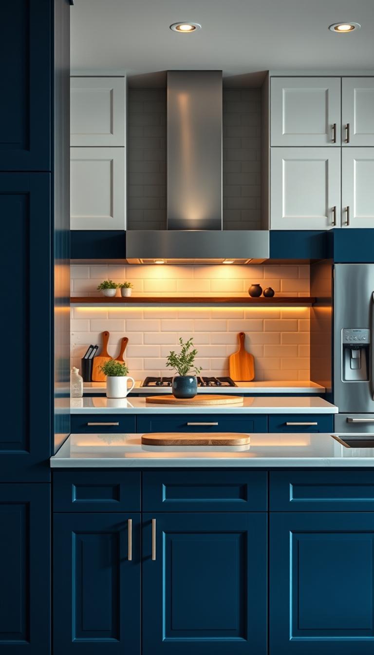 A beautifully designed modern kitchen featuring elegant two-color cabinets. In the foreground, showcase sleek cabinet doors in deep navy blue contrasted with soft white or light gray upper cabinets, emphasizing harmony in design. The middle area includes a well-organized countertop with minimalist decor, such as potted herbs and a stylish cutting board. The background reveals a contemporary kitchen layout, with stainless steel appliances and a large window allowing soft, natural light to illuminate the space. Use a wide-angle lens perspective to capture the spaciousness, with warm lighting to create an inviting ambiance. Overall, the mood should feel fresh and contemporary, ideal for a stylish cooking environment.