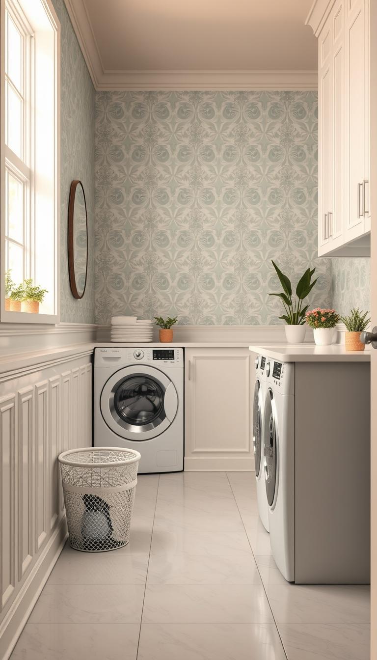 A beautifully designed modern laundry room featuring stunning wallpaper with a geometric pattern in soft pastel colors, complemented by elegant wainscoting in a crisp white finish. The foreground showcases a stylish laundry basket, neatly arranged laundry supplies, and a sleek countertop with decorative plants. In the middle, the eye-catching wallpaper draws attention, adorned with intricate details that add texture and depth. The background reveals a well-organized space with appliances that blend seamlessly into the design, bathed in warm, natural light streaming through a window. The atmosphere is fresh and inviting, emphasizing both functionality and aesthetics, perfect for a contemporary home. Use a high-definition, photorealistic style with a slightly elevated angle to capture the entire room. A beautifully designed modern laundry room featuring stunning wallpaper with a geometric pattern in soft pastel colors, complemented by elegant wainscoting in a crisp white finish. The foreground showcases a stylish laundry basket, neatly arranged laundry supplies, and a sleek countertop with decorative plants. In the middle, the eye-catching wallpaper draws attention, adorned with intricate details that add texture and depth. The background reveals a well-organized space with appliances that blend seamlessly into the design, bathed in warm, natural light streaming through a window. The atmosphere is fresh and inviting, emphasizing both functionality and aesthetics, perfect for a contemporary home. Use a high-definition, photorealistic style with a slightly elevated angle to capture the entire room.