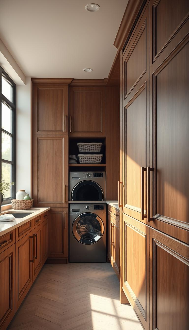 A beautifully designed modern laundry room showcasing custom cabinetry. In the foreground, sleek, high-quality wooden cabinets featuring intricate molding and polished handles, displaying subtle grain textures to add warmth. The middle ground features an organized laundry space with neatly stacked baskets, a countertop with laundry supplies, and a washer and dryer integrated seamlessly into the cabinetry. The background presents a soft, ambient light filtering through a large window, casting gentle shadows that enhance the cabinet details. The overall atmosphere is one of sophistication and functionality, inviting a sense of tranquility and order. The image is photorealistic, with high definition, capturing the essence of elegant custom cabinetry in a modern setting. A beautifully designed modern laundry room showcasing custom cabinetry. In the foreground, sleek, high-quality wooden cabinets featuring intricate molding and polished handles, displaying subtle grain textures to add warmth. The middle ground features an organized laundry space with neatly stacked baskets, a countertop with laundry supplies, and a washer and dryer integrated seamlessly into the cabinetry. The background presents a soft, ambient light filtering through a large window, casting gentle shadows that enhance the cabinet details. The overall atmosphere is one of sophistication and functionality, inviting a sense of tranquility and order. The image is photorealistic, with high definition, capturing the essence of elegant custom cabinetry in a modern setting.