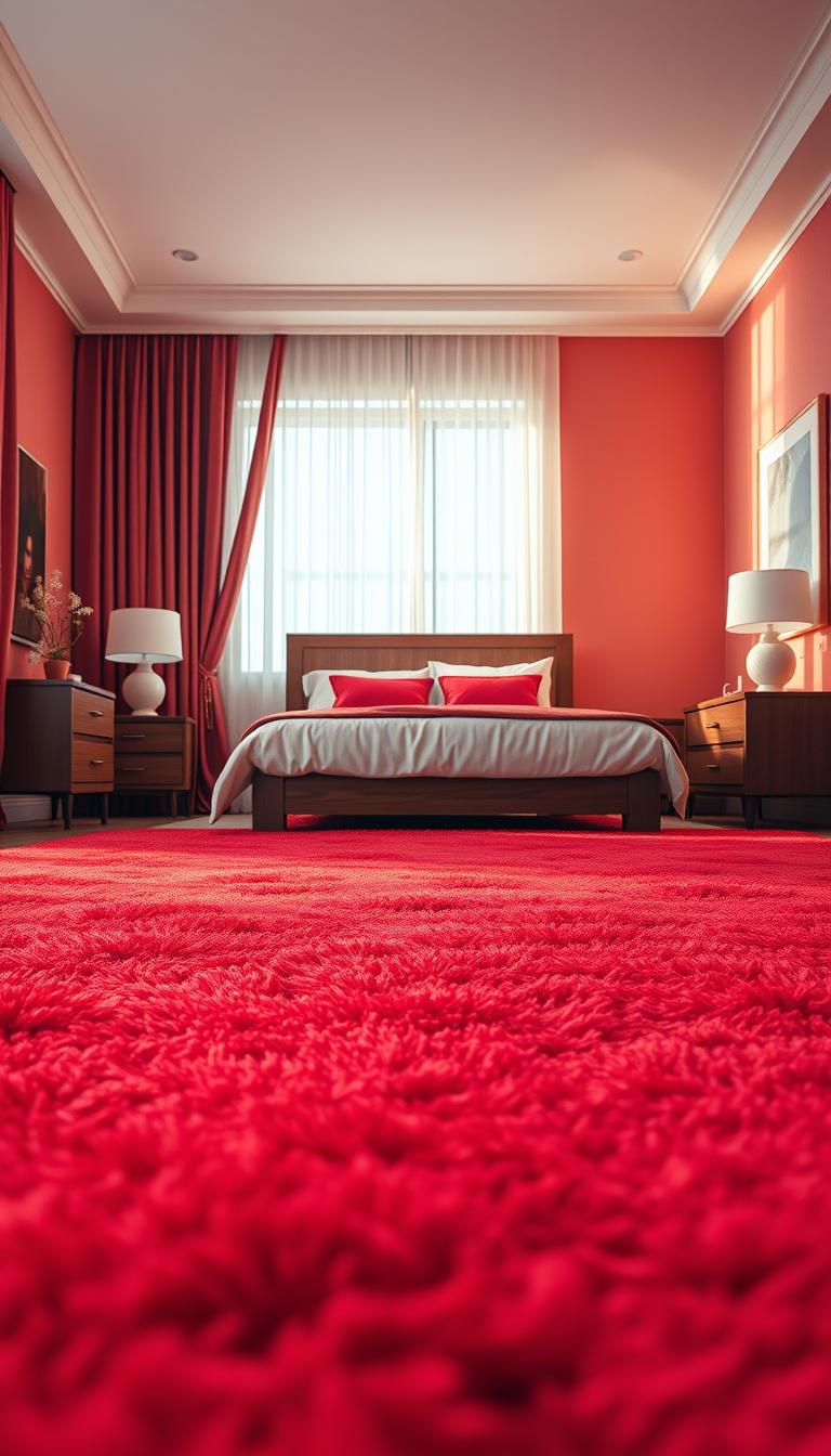 A beautifully designed red bedroom featuring a plush red carpet, soft and textured, sprawling across a well-furnished wooden floor. In the foreground, the rich, velvety fibers of the carpet catch the light, adding warmth to the scene. In the middle, a minimalist wooden bed with elegant red and white bedding, flanked by stylish nightstands with modern lamps casting a gentle glow. The background showcases softly painted walls in a complementary shade, adorned with tasteful artwork that enhances the room's ambiance. Natural light filters through sheer curtains, creating a serene and inviting atmosphere. Photorealistic detail captures the essence of comfort and style, with a cozy, elegant feel.