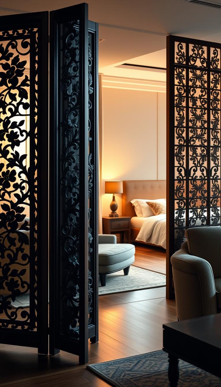 A beautifully designed room divider serving as a focal point in a split living room and bedroom combo. In the foreground, an elegant wooden screen intricately carved with floral motifs, showcasing craftsmanship. In the middle, the divider subtly separates a cozy reading nook with a plush armchair from a serene bedroom area adorned with soft bedding and ambient lighting. The background features warm, natural light streaming through large windows, creating a harmonious atmosphere. The mood is tranquil and inviting, perfect for relaxation. This photorealistic scene captures the essence of modern design while highlighting the functionality and aesthetic appeal of room dividers. The angle showcases the divider from a slight side perspective, emphasizing its role in the space. The image should evoke a sense of balance and style without any text or branding.