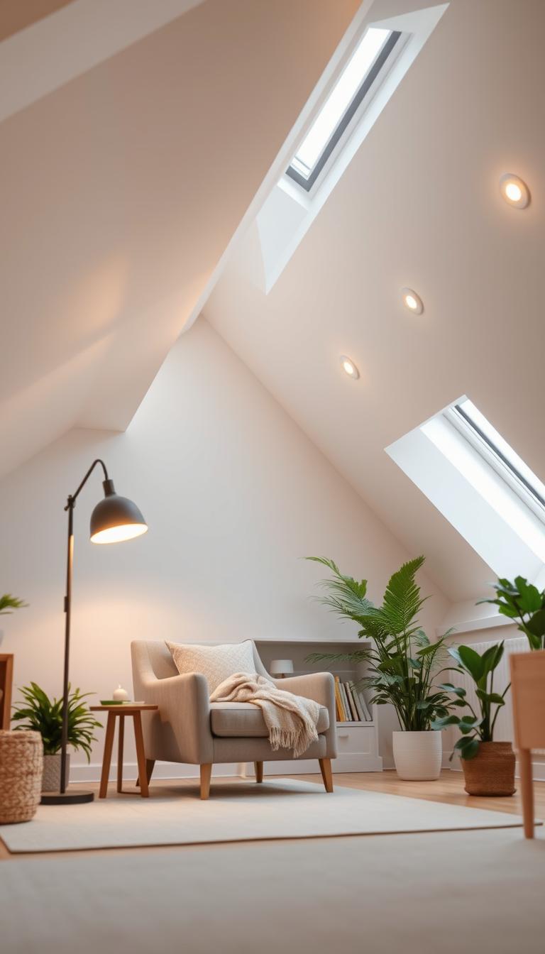 A beautifully designed slanted room showcasing layered lighting solutions. In the foreground, a cozy reading nook with a plush armchair and soft throw blanket, illuminated by a stylish floor lamp that casts a warm glow. In the middle, a mix of pendant lights and recessed lighting softly diffusing overhead, enhancing the room's architectural features. The background features a sloped ceiling with skylights allowing natural light to flood in, creating an airy atmosphere. Soft, neutral color tones dominate the decor, complemented by green plants for a touch of freshness. The mood is bright yet cozy, invoking a sense of intentional design and comfort, captured in high definition with a focus on the interplay of light and shadow, using a wide-angle lens to emphasize the space.