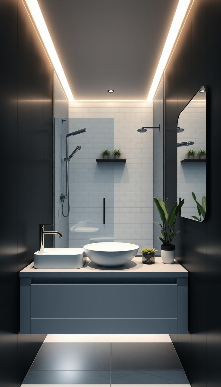 A beautifully designed small bathroom that embodies a space-savvy plan, featuring sleek black walls and sophisticated white accents. In the foreground, display a minimalist floating vanity with ample storage, topped with a modern vessel sink and elegant faucet. The midground includes a well-organized shower area with a clear glass door and stylish monochrome tiles. Soft, ambient lighting casts a warm glow, enhancing the tranquil spa-like atmosphere. In the background, a strategically placed mirror reflects the space, adding depth while showcasing clever storage solutions like shelf organizers and potted plants. The image should capture the essence of a luxurious retreat, emphasizing cleanliness and serenity, all rendered in photorealistic high definition. A beautifully designed small bathroom that embodies a space-savvy plan, featuring sleek black walls and sophisticated white accents. In the foreground, display a minimalist floating vanity with ample storage, topped with a modern vessel sink and elegant faucet. The midground includes a well-organized shower area with a clear glass door and stylish monochrome tiles. Soft, ambient lighting casts a warm glow, enhancing the tranquil spa-like atmosphere. In the background, a strategically placed mirror reflects the space, adding depth while showcasing clever storage solutions like shelf organizers and potted plants. The image should capture the essence of a luxurious retreat, emphasizing cleanliness and serenity, all rendered in photorealistic high definition.