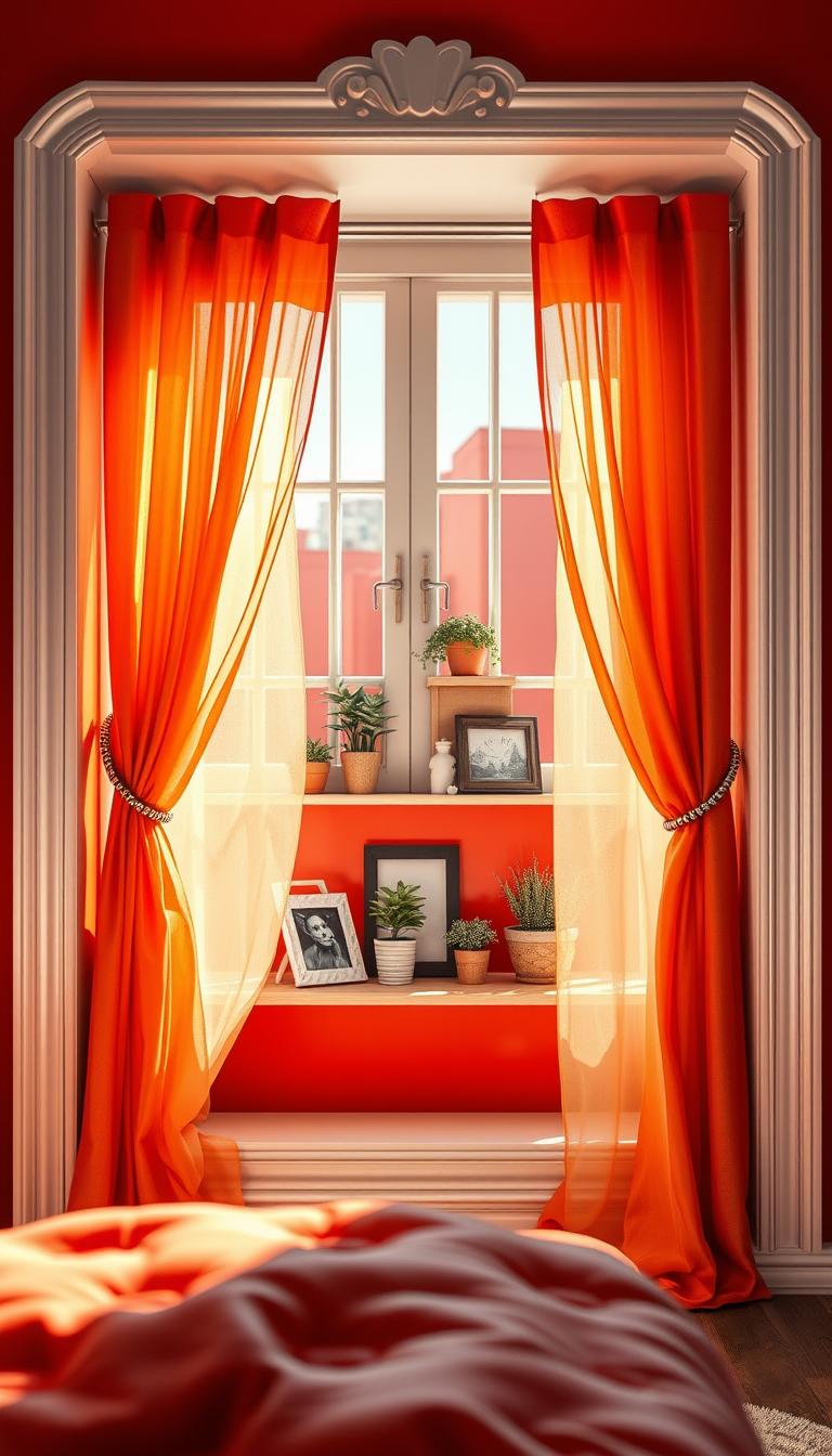 A beautifully designed window in a red bedroom, featuring vibrant, eye-catching curtains that pool elegantly on the floor. The window frame is painted a glossy white, contrasting sharply with the rich red walls. Bright daylight filters through the sheer fabric, casting soft shadows that enhance the inviting atmosphere of the room. In the foreground, a cozy reading nook with a plush chair is visible, while the middle shows the window adorned with decorative elements like potted plants and framed photos. The background hints at a tastefully arranged room with complementary decor. The scene is illuminated with warm, natural lighting, creating a serene and cheerful mood, captured from an angle that emphasizes the window's unique features and the overall cozy yet stylish ambiance. High definition, photorealistic style.