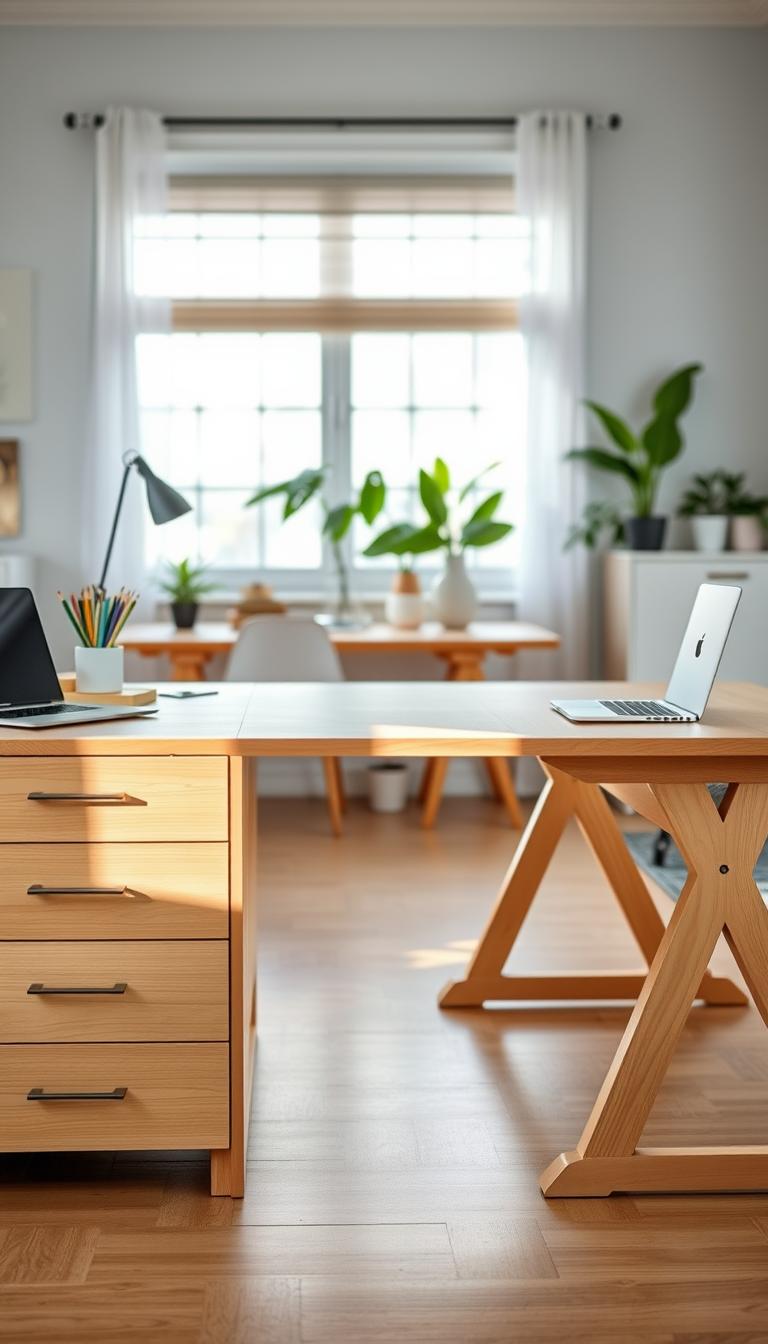 A beautifully organized home workspace featuring Ikea desk components, prominently showcasing two sleek drawer units and spacious table tops arranged side by side. The foreground includes a clean, minimalist desk setup with stylish office supplies and a laptop, emphasizing functionality and aesthetics. The middle ground highlights the sturdy trestles that support the tabletops, crafted from light wood with a smooth finish. Soft natural lighting floods the scene, illuminating the warm tones of the wood and creating a cozy yet professional atmosphere. The background consists of a softly blurred home office setting with houseplants and neutral-colored walls, enhancing the inviting and productive feel of the shared workspace. The composition should exude a sense of harmony and efficiency, perfect for collaborative work.