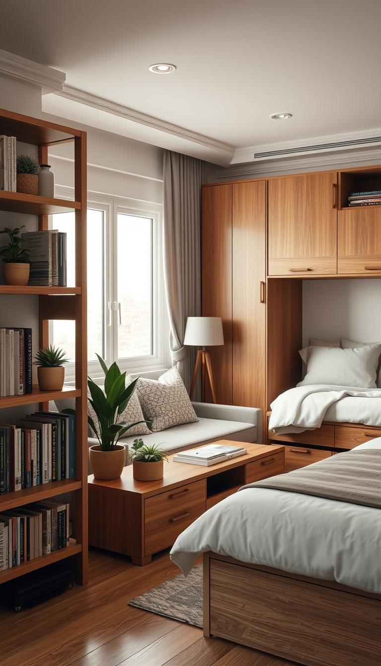 A beautifully organized small living room-bedroom combo featuring elegant storage solutions. In the foreground, a stylish wooden shelving unit displays neatly arranged books and decorative plants, conveying a sense of order. The middle layer has a cozy sofa adorned with soft cushions, complemented by a multifunctional coffee table with storage underneath. To the right, a minimalist bed with built-in drawers showcases a tidy arrangement of linens and pillows. The background reveals a calming pastel wall color and a large window that bathes the space in natural light, creating a warm and inviting atmosphere. The scene is captured with a soft focus lens from a slightly elevated angle, emphasizing the harmonious integration of storage strategies within a compact living space.