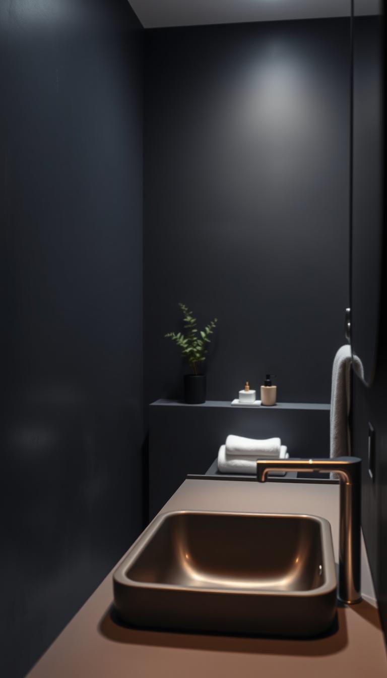 A beautifully painted bathroom wall in rich charcoal paint, showcasing its velvety texture and deep, sophisticated tones. In the foreground, a sleek, modern sink with simple, elegant lines reflects the softness of the color. The middle ground features the charcoal walls, with subtle variations in shade that create a sense of depth and calm, paired with minimalist decor elements such as a small potted plant and soft, plush towels. The background includes a gentle, diffused ambient light that softly illuminates the space, enhancing the tranquil atmosphere. Capture the image from a slightly elevated angle to emphasize the wall's rich coloration and create a moody, serene ambiance, perfect for inspiring relaxation. The scene should embody a photorealistic quality with high definition, focusing on the essence of a soothing bathroom design.