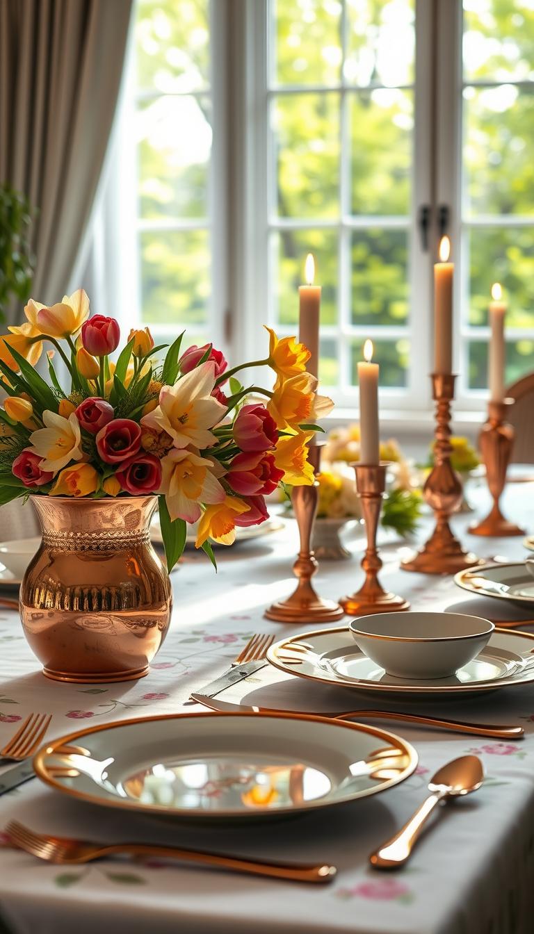 A beautifully set dining table for spring, featuring elegant copper accents. In the foreground, a polished copper vase holds a lush bouquet of colorful spring flowers, including tulips and daffodils. The middle layer showcases a crisp white tablecloth adorned with delicate floral patterns. Copper cutlery glints beside fine porcelain plates with gold trim. Soft candlelight flickers from copper candle holders, casting a warm glow. In the background, a sunlit window reveals vibrant green foliage outside, enhancing the fresh atmosphere. Natural daylight streaming in creates gentle shadows, evoking a serene and inviting mood. Photorealistic, high definition, captured from a slightly elevated angle to emphasize the table's grandeur. A beautifully set dining table for spring, featuring elegant copper accents. In the foreground, a polished copper vase holds a lush bouquet of colorful spring flowers, including tulips and daffodils. The middle layer showcases a crisp white tablecloth adorned with delicate floral patterns. Copper cutlery glints beside fine porcelain plates with gold trim. Soft candlelight flickers from copper candle holders, casting a warm glow. In the background, a sunlit window reveals vibrant green foliage outside, enhancing the fresh atmosphere. Natural daylight streaming in creates gentle shadows, evoking a serene and inviting mood. Photorealistic, high definition, captured from a slightly elevated angle to emphasize the table's grandeur.