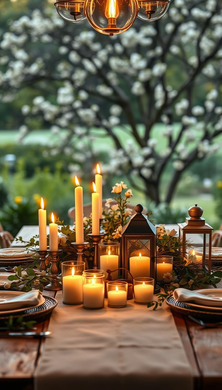 A beautifully set dining table in a cozy spring setting, adorned with warm, natural elements. In the foreground, an elegant arrangement of flickering candles in varied heights, surrounded by soft green foliage and delicate pastel flowers. The middle ground features a rustic wooden table with a light-colored linen table runner, enhancing the warmth of the scene. Lanterns with a soft golden glow are strategically placed, casting gentle shadows and creating an inviting ambiance. In the background, softly blurred greenery and blooming trees suggest a vibrant spring atmosphere. The lighting is warm and golden, reminiscent of the evening sun, captured with a soft focus lens to evoke a serene, tranquil mood. The image is photorealistic and high definition, emphasizing the beauty of spring decor. A beautifully set dining table in a cozy spring setting, adorned with warm, natural elements. In the foreground, an elegant arrangement of flickering candles in varied heights, surrounded by soft green foliage and delicate pastel flowers. The middle ground features a rustic wooden table with a light-colored linen table runner, enhancing the warmth of the scene. Lanterns with a soft golden glow are strategically placed, casting gentle shadows and creating an inviting ambiance. In the background, softly blurred greenery and blooming trees suggest a vibrant spring atmosphere. The lighting is warm and golden, reminiscent of the evening sun, captured with a soft focus lens to evoke a serene, tranquil mood. The image is photorealistic and high definition, emphasizing the beauty of spring decor.