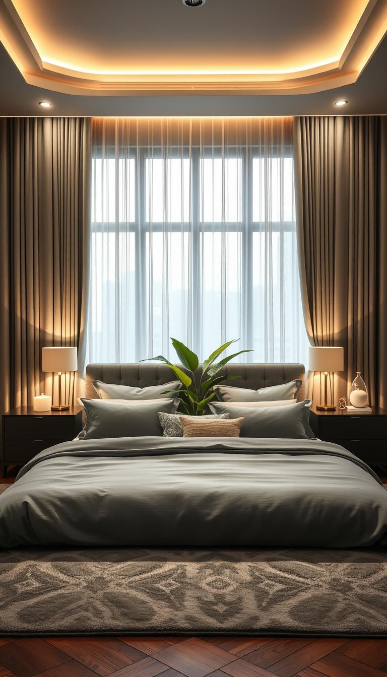 A beautifully styled bedroom featuring a cohesive grey and green color scheme. In the foreground, a plush bed dressed in soft grey and sage green linens, accented with plush pillows. On either side, sleek, modern nightstands with elegant table lamps casting a warm, inviting glow. In the middle, a stylish area rug adds texture, while a vibrant green plant enhances the room's freshness. The background features a large window with elegant curtains filtering natural light, creating a tranquil atmosphere. Ambient lighting is strategically placed around the room, including LED strip lights highlighting the architecture. The mood is serene and sophisticated, captured with a photorealistic lens effect, showcasing clarity and warmth in high-definition. Soft shadows create depth, making the room feel peaceful and inviting. A beautifully styled bedroom featuring a cohesive grey and green color scheme. In the foreground, a plush bed dressed in soft grey and sage green linens, accented with plush pillows. On either side, sleek, modern nightstands with elegant table lamps casting a warm, inviting glow. In the middle, a stylish area rug adds texture, while a vibrant green plant enhances the room's freshness. The background features a large window with elegant curtains filtering natural light, creating a tranquil atmosphere. Ambient lighting is strategically placed around the room, including LED strip lights highlighting the architecture. The mood is serene and sophisticated, captured with a photorealistic lens effect, showcasing clarity and warmth in high-definition. Soft shadows create depth, making the room feel peaceful and inviting.