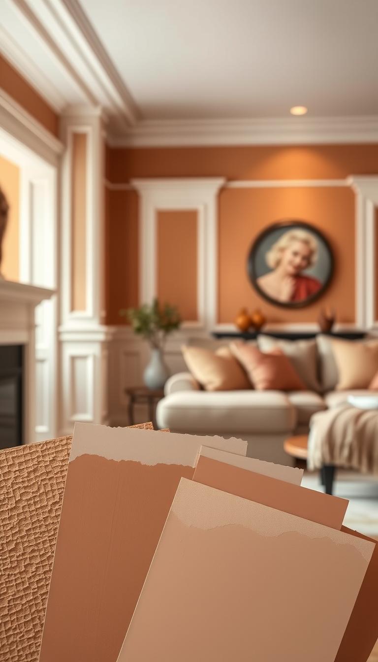 A beautifully styled interior showcasing an array of warm trim finishes in a cozy living room setting. In the foreground, a close-up view displays various paint samples in soft beige, taupe, and muted terracotta with textured swatches. The middle ground features elegant baseboards and crown moldings painted in warm whites and soft creams, complemented by a gently illuminated wall in a sun-kissed hue. In the background, a soft-focused, inviting seating area with a plush sofa and natural textiles enhances the warmth. The lighting is soft and diffused, creating a relaxed atmosphere, with a slight lens vignette to draw the eye inward. The overall mood conveys serenity and comfort, perfect for a home that's designed for coziness.