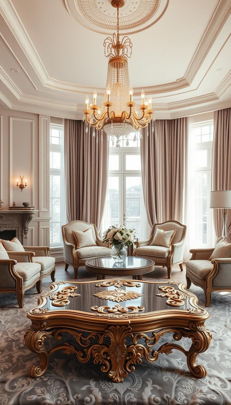 A beautifully styled modern living room that blends rococo elegance with contemporary design elements. In the foreground, an ornate rococo-inspired coffee table with intricate gold detailing sits atop a plush, modern area rug. Surrounding it, plush chairs in rich fabrics adorned with subtle floral patterns complement the opulent style. The middle of the room features a grand chandelier with crystal accents, casting warm, inviting light across the space. The walls are adorned with soft pastel hues and delicate moldings, creating a serene atmosphere. In the background, large windows allow natural light to flood the room, framed by flowing drapes that highlight the elegant design. The overall mood is sophisticated yet inviting, merging historical elegance with modern comfort, captured in high-definition photorealism. A beautifully styled modern living room that blends rococo elegance with contemporary design elements. In the foreground, an ornate rococo-inspired coffee table with intricate gold detailing sits atop a plush, modern area rug. Surrounding it, plush chairs in rich fabrics adorned with subtle floral patterns complement the opulent style. The middle of the room features a grand chandelier with crystal accents, casting warm, inviting light across the space. The walls are adorned with soft pastel hues and delicate moldings, creating a serene atmosphere. In the background, large windows allow natural light to flood the room, framed by flowing drapes that highlight the elegant design. The overall mood is sophisticated yet inviting, merging historical elegance with modern comfort, captured in high-definition photorealism.