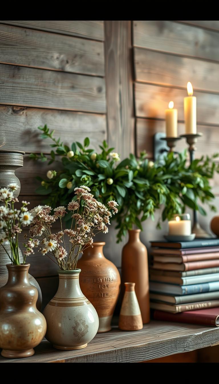 A beautifully styled rustic mantel adorned with an arrangement of elegant vases, a charming garland, and a few stacked books. In the foreground, a variety of textures and colors are captured, featuring ceramic vases in earthy tones, filled with fresh wildflowers. The middle section showcases a lush greenery garland draped gracefully across the mantel, complemented by softly glowing candles in vintage holders. In the background, a weathered wooden wall adds warmth to the scene, illuminated by soft, natural lighting that creates a cozy ambiance. The focus is sharp, mimicking a close-up shot with a shallow depth of field, emphasizing the elegance of the decor. The overall mood is inviting and serene, perfect for a rustic, homey feel.