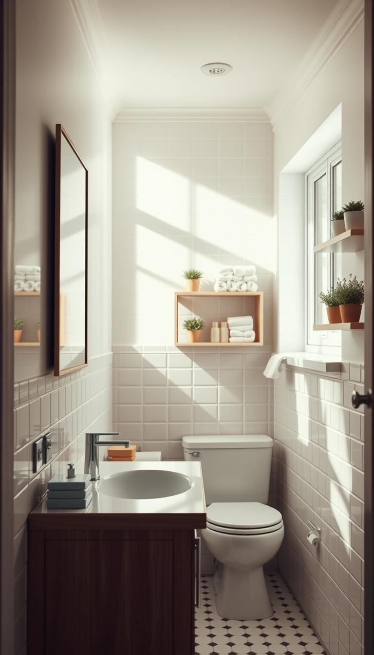 A beautifully styled small bathroom showcasing elegant vanity storage mirrors. In the foreground, a sleek wooden vanity features a large, frameless mirror reflecting the subtle pastel hues of the bathroom. The middle ground features organized shelves with neatly arranged towels, toiletries, and decorative accents, like small potted plants. The background has soft, ambient lighting that highlights the vintage-inspired tiles and a charming window allowing natural light to filter in, casting gentle shadows. The atmosphere is serene and inviting, evoking a fresh and revitalized 1950s design aesthetic. The image is photorealistic, captured from a slightly elevated angle to emphasize the depth and beauty of the space, with high definition details on textures and colors.
