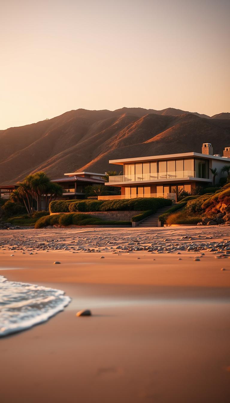 A breathtaking view of Carbon Beach in Malibu at sunset, capturing the natural beauty and exclusivity of the location. In the foreground, gentle waves lap against the sandy shore, with a few smooth pebbles scattered across the beach. The middle ground showcases an elegant, modern beach house with large glass windows, reflecting golden light from the setting sun. Lush greenery and subtle coastal flora surround the property, highlighting the seamless blend of luxury and nature. In the background, the rugged Malibu hills rise majestically, partially covered in soft, warm light. The sky is a gradient of deep oranges and purples, enhancing the serene atmosphere. The image should utilize natural lighting with a soft focus, conveying tranquility and privacy in this prestigious coastal setting.