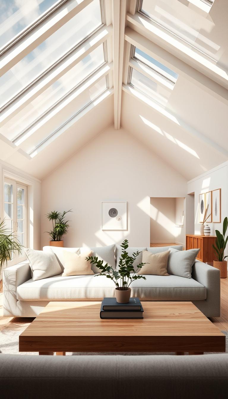 A bright, airy interior of a modern room with a sloping ceiling, flooded with natural light streaming through large skylights and windows. In the foreground, a stylishly arranged seating area featuring a soft, neutral-colored sofa adorned with plush pillows. A wooden coffee table is placed in front, topped with a few green plants and a decorative book. The middle space showcases a minimalist design with light wooden flooring and subtle artwork on the walls that complement the natural light. In the background, the sloping ceiling is lined with beams, accentuating the openness of the room. Soft shadows play across the surfaces, creating a warm, inviting atmosphere. The overall mood is serene and refreshing, embodying a harmonious blend of nature and modern decor, captured in high-definition photorealism.