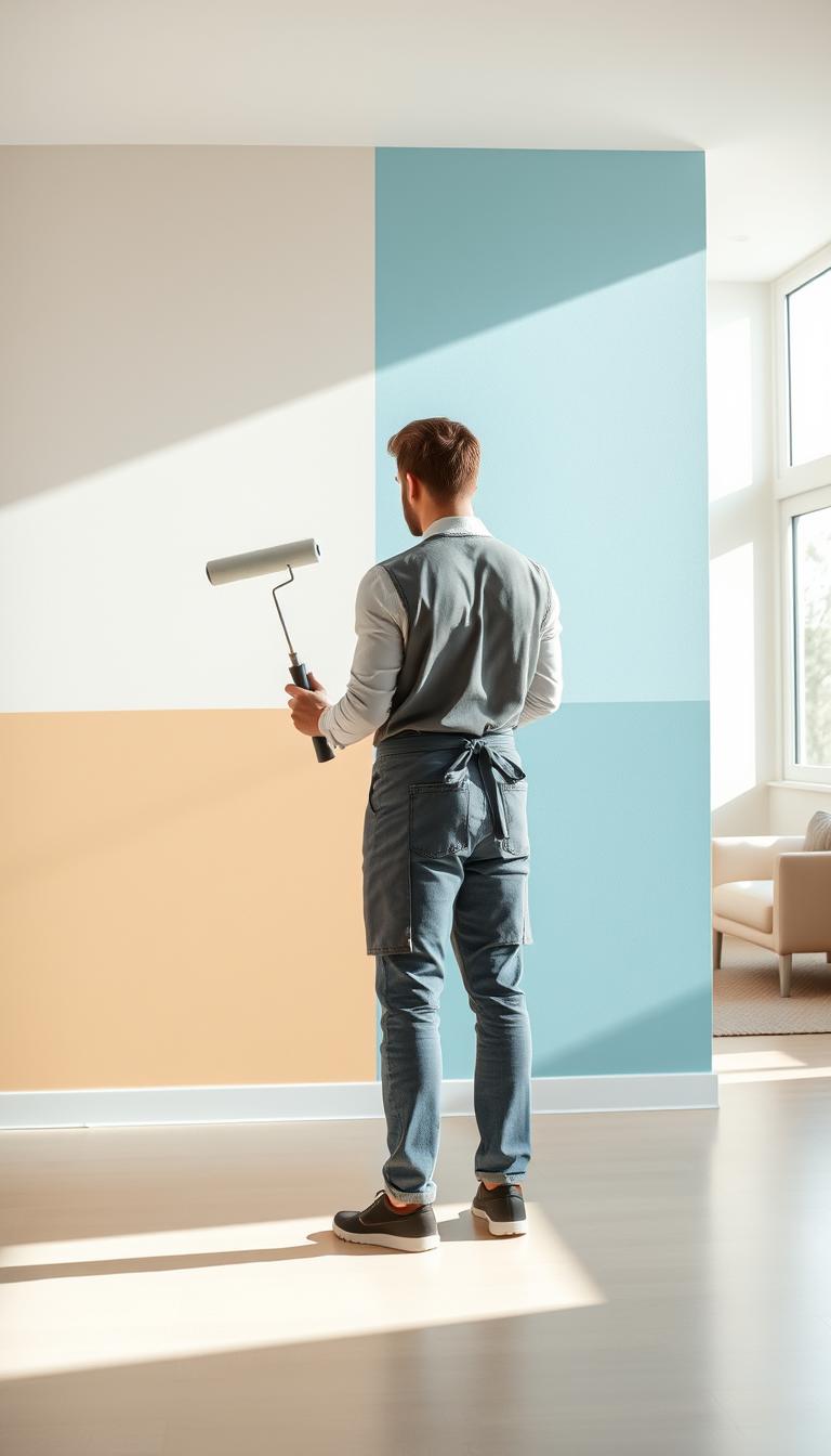 A bright, airy room showcasing a beautifully painted two-tone wall, with sharp, crisp lines separating the colors. In the foreground, a professional wearing a paint apron and modest casual attire stands with a paint roller in one hand, examining the newly painted surface. The middle ground features a clear view of the wall, where one side is a soft pastel blue and the other a warm creamy beige, harmoniously blending together at a perfectly straight line. The background is a tastefully decorated living space with modern furniture, bathed in natural sunlight streaming through large windows, casting gentle shadows. The lighting is soft yet vibrant, enhancing the colors on the wall, while the overall mood is uplifting and inviting, perfect for illustrating the process of creating a two-tone wall.