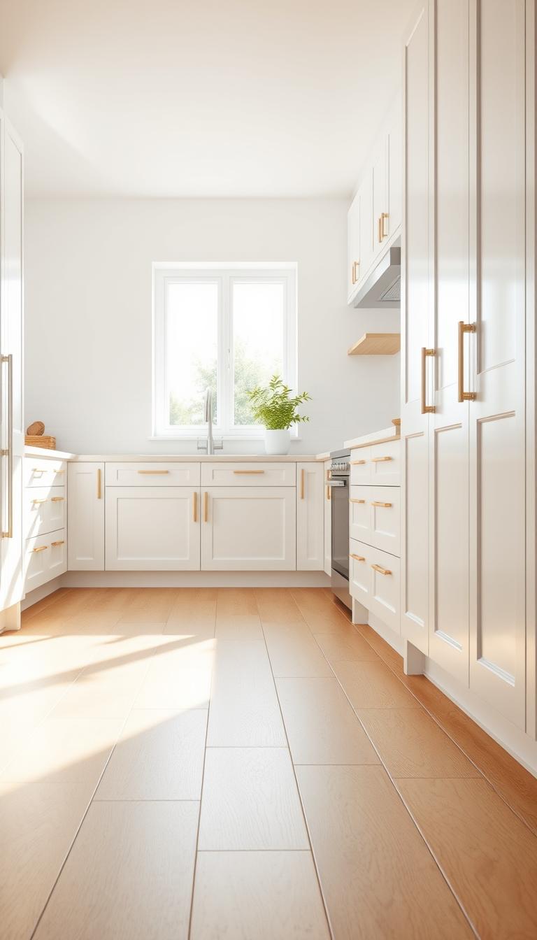 A bright and airy Scandinavian kitchen featuring white cabinets and pale oak wooden floors. The foreground showcases a sunlit, polished wooden floor with light grain patterns, creating a warm and inviting atmosphere. In the middle, sleek white cabinetry reflects natural light, highlighting clean lines and minimalistic design, complemented by simple, modern handles. A lush green potted plant adds a touch of freshness on the countertop. In the background, soft, natural light streams through a large window, illuminating the space with a soft glow. The overall ambiance conveys a sense of tranquility and simplicity, with the focus on creating a harmonious and welcoming environment. The image should be photorealistic, captured with a wide-angle lens to enhance the spaciousness, ensuring all elements emphasize the elegant simplicity of Scandinavian design.
