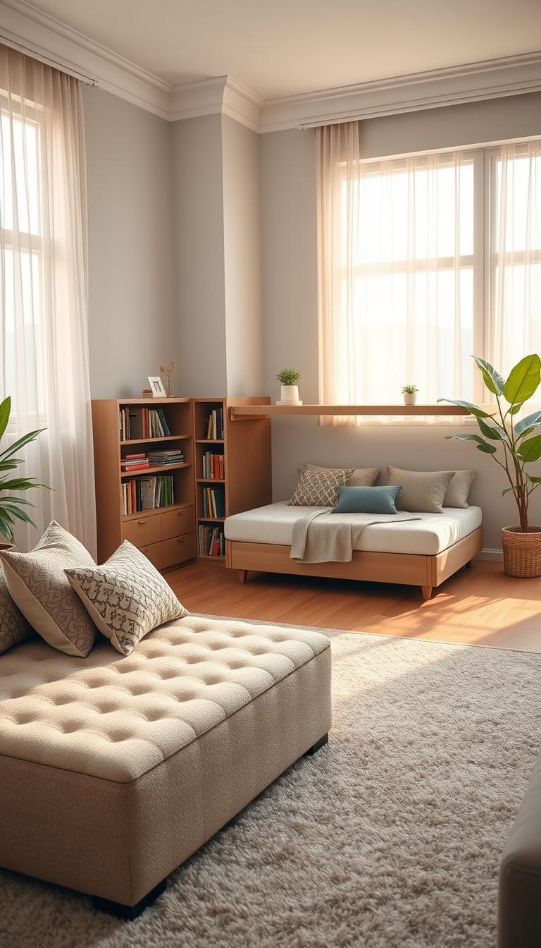 A bright and airy living room featuring a clever storage solution that enhances the cozy atmosphere. In the foreground, a stylish storage ottoman in beige fabric, adorned with patterned throw pillows, sits beside a plush area rug. In the middle, a sleek, built-in bookshelf displays an artful arrangement of books and decorative items, while a compact, multifunctional sofa bed is nestled against the wall, showcasing its practicality. The background features warm, natural light filtering through large windows with sheer curtains, illuminating the space. Soft neutral walls and houseplants add a touch of tranquility. The scene conveys a serene and organized vibe, perfect for a functional living room that doubles as a cozy bedroom.