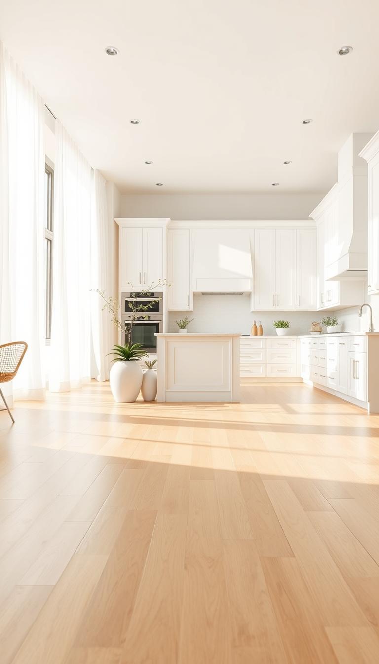 A bright and airy white kitchen featuring light wood floors that create a warm atmosphere. In the foreground, the polished light wood flooring reflects soft natural light streaming in from large, sunlit windows adorned with sheer white curtains. In the middle, elegant white cabinetry and a spacious kitchen island complement the flooring, while ceramic pots with greenery add a touch of life. The background contains modern appliances and decorative elements that emphasize a clean and inviting design. The scene is captured with a wide-angle lens, creating a sense of openness, and the overall mood is serene and welcoming, perfect for a bright kitchen space. Shot in high definition to highlight the textures and colors.