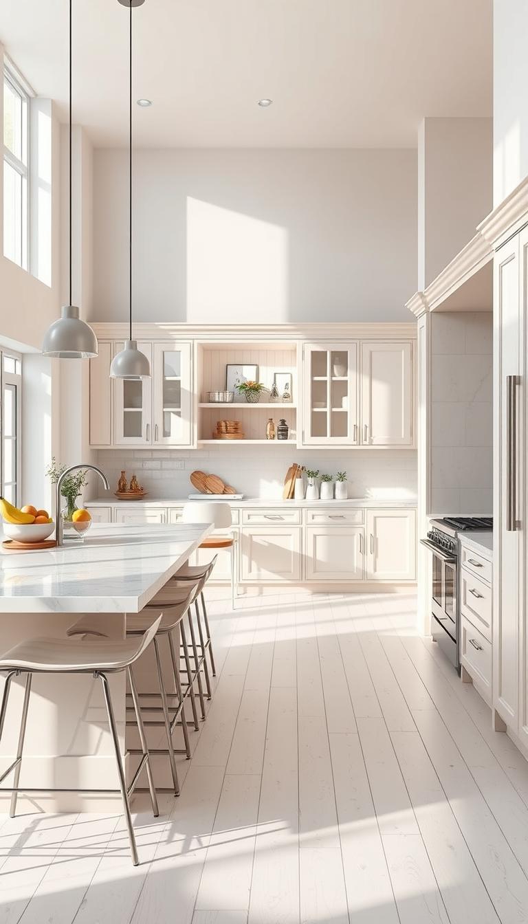 A bright and inviting kitchen featuring a white wooden floor, beautifully illuminated by natural light streaming in through large windows. The foreground showcases a sleek kitchen island topped with a light marble counter, complemented by minimalistic bar stools. In the middle, rich cabinetry in soft pastel tones harmonizes with the white wooden floor, emphasizing warmth and elegance. Stylish kitchen accessories and a bowl of fresh fruits add vibrant colors, enhancing the inviting atmosphere. The background highlights an open layout that connects to a dining area, adorned with tasteful decor. The overall mood is cheerful and serene, evoking a sense of spaciousness and comfort, all captured in photorealistic detail with high definition. The angle is slightly tilted, inviting the viewer into this charming space.