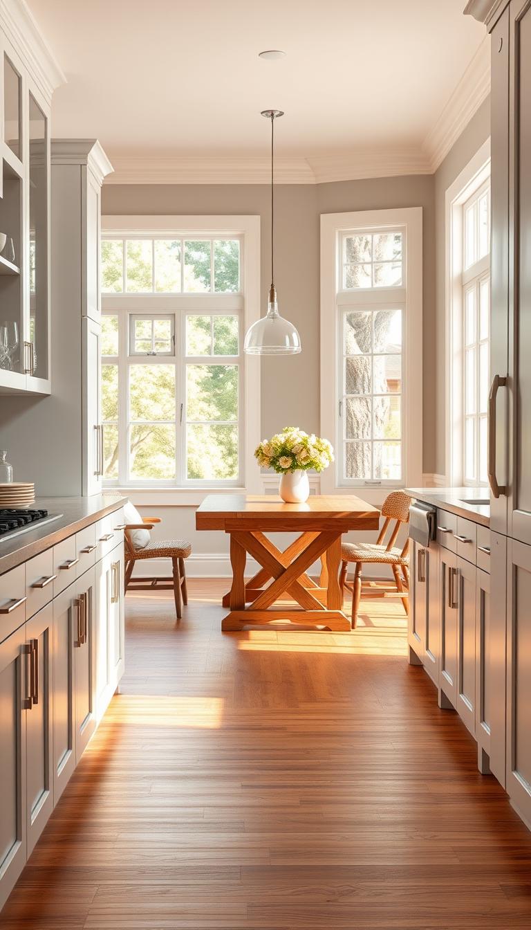 A bright and inviting modern farmhouse kitchen featuring white shaker cabinets with a sleek design. In the foreground, showcase the cabinets with polished chrome handles and soft-close hinges, filled with glassware and elegant dishware. The middle ground displays a stunning wooden floor with rich, warm tones that contrast beautifully with the white cabinetry. Include a rustic farmhouse table adorned with fresh flowers in a simple vase. In the background, large windows allow natural light to flood the space, casting soft, warm light that highlights the textures of the wood. Aim for a warm, welcoming atmosphere that evokes a sense of comfort and home. Use photorealistic detail and high definition to capture the essence of a modern farmhouse kitchen.