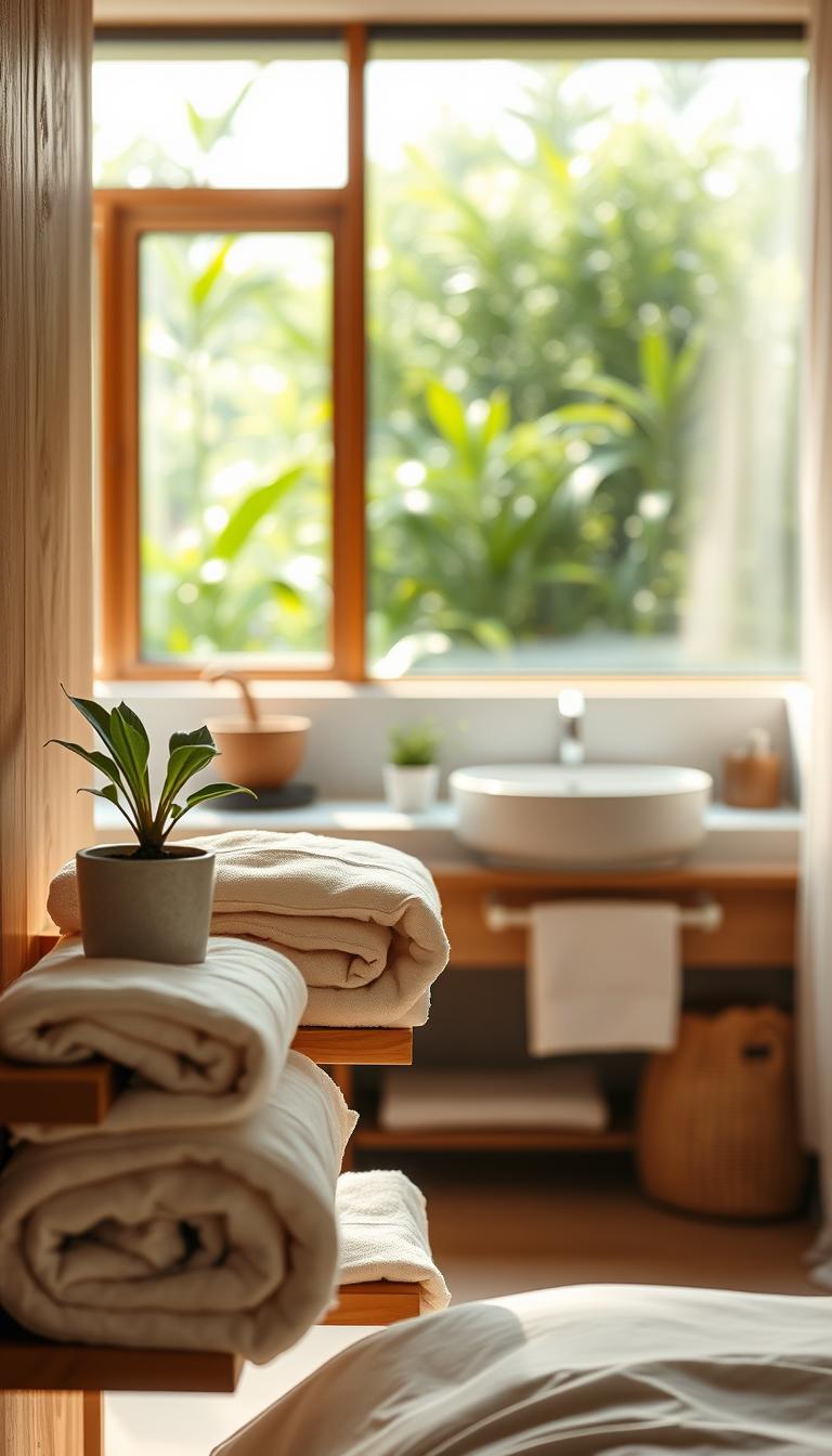 A bright, eco-friendly hotel room setting showcasing luxurious linen towels elegantly arranged on a wooden towel rack. In the foreground, crisp white eco linens towels folded neatly next to a small potted plant, emphasizing sustainability. The middle layer features a stylish bathroom sink area made from natural materials, bathed in soft, natural light pouring in from a large window. The background reveals a serene view of lush greenery through the glass, enhancing the calming atmosphere. The mood is tranquil and inviting, highlighting the hotel's commitment to eco-conscious practices. Capture this scene in high definition with a shallow depth of field, using warm lighting to convey comfort and relaxation. Ensure the composition is visually balanced, without any text or distractions.