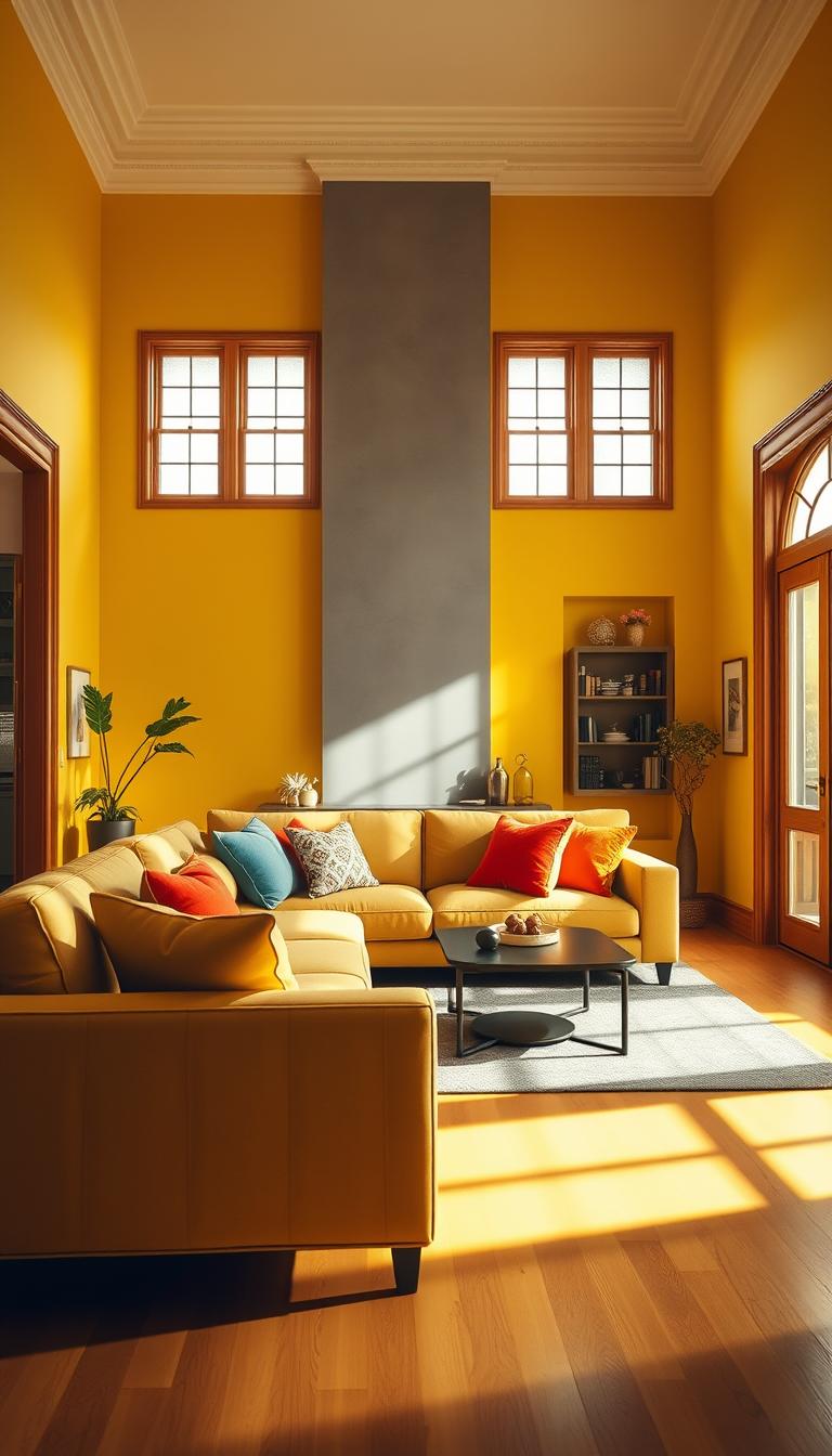 A bright, inviting living room featuring vibrant yellow walls, creating a cheerful and uplifting atmosphere. The foreground showcases a stylish, minimalist furniture arrangement with a comfortable sofa adorned with colorful pillows. In the middle, the yellow walls are complemented by a modern accent wall in a soft gray, enhancing depth and interest, while elegant woodwork frames the windows and doors. Natural light pours in, casting warm, soft shadows and illuminating the space with a welcoming glow. The background reveals a tasteful bookshelf with decorative items and plants, adding life and personality. This photorealistic image captures the essence of a transformed space, emphasizing coziness and creativity in bright, high-definition detail.