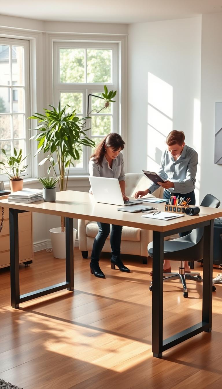 A bright, modern home workspace featuring an Ikea double desk in the foreground, showcasing its sleek design and stable structure. The desk is adorned with neatly arranged office supplies, a laptop, and a small potted plant, all reflecting a productive atmosphere. In the middle ground, two individuals dressed in professional business attire are actively assembling the desk, demonstrating ease of assembly with clear tools and step-by-step instructions visible. The background highlights a well-lit, cozy room with large windows allowing natural light to flood in, creating an inviting yet focused environment. The overall mood is one of collaboration and productivity, captured in photorealistic detail with a slight overhead angle to emphasize the desk's features and assembly process.