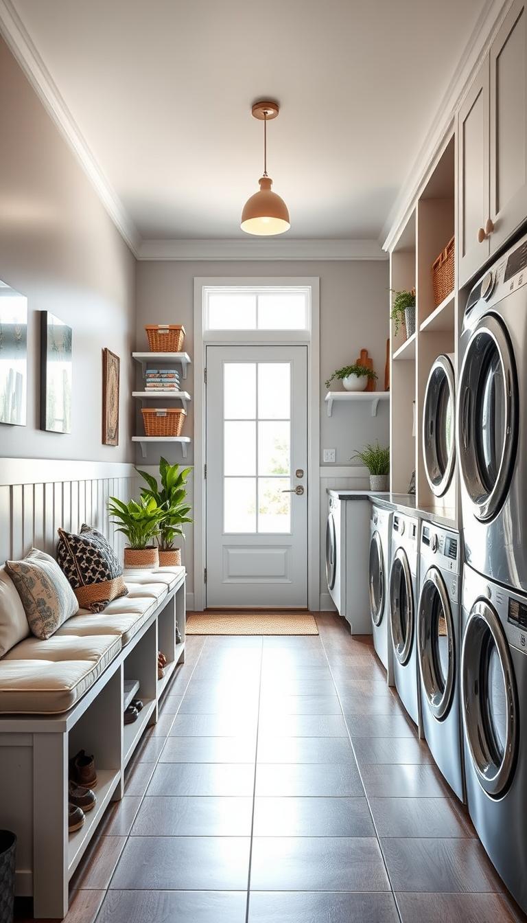 A bright, modern mudroom featuring a multifunctional design, seamlessly blending a laundry area, pantry space, and entryway. In the foreground, a stylish bench with cushioned seating and built-in storage for shoes and outdoor gear. On the middle ground, organized shelves display baskets filled with cleaning supplies and pantry items, alongside a sleek washer and dryer. The background showcases an inviting door leading outside, with natural light streaming in through a large window, creating a warm atmosphere. The color palette includes soft neutrals with pops of green from indoor plants. Captured in high definition with a wide-angle lens, the scene conveys a sense of spaciousness and functionality, ideal for a cozy family environment. A bright, modern mudroom featuring a multifunctional design, seamlessly blending a laundry area, pantry space, and entryway. In the foreground, a stylish bench with cushioned seating and built-in storage for shoes and outdoor gear. On the middle ground, organized shelves display baskets filled with cleaning supplies and pantry items, alongside a sleek washer and dryer. The background showcases an inviting door leading outside, with natural light streaming in through a large window, creating a warm atmosphere. The color palette includes soft neutrals with pops of green from indoor plants. Captured in high definition with a wide-angle lens, the scene conveys a sense of spaciousness and functionality, ideal for a cozy family environment.