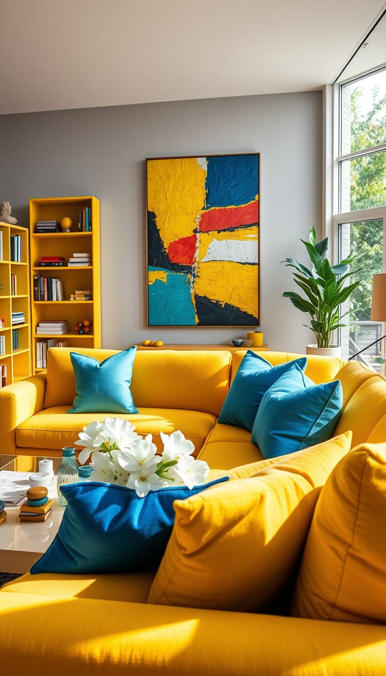 A bright yellow living room bathed in natural light, showcasing high-impact color pairings. In the foreground, a plush yellow sofa adorned with vibrant blue and green accent pillows. On the coffee table, a stylish arrangement of fresh white flowers and glossy decorative objects. The middle ground features a chic, modern art piece with bold, contrasting colors that harmonize with the yellow hues. To the left, a sleek bookshelf filled with colorful books and décor. The walls are painted a soft gray, creating a dynamic backdrop that enhances the brightness of the yellow. In the background, large windows reveal lush greenery outside, adding a refreshing touch. The atmosphere is inviting and energizing, ideal for a lively and uplifting space. Photorealistic, captured with a warm, soft focus lens to amplify the cozy ambiance.