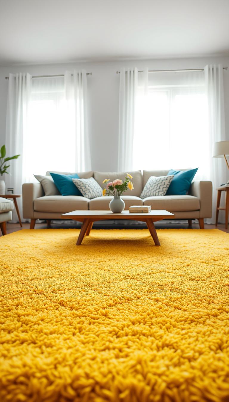 A bright yellow rug, plush and textured, sprawls across a cozy living room space. In the foreground, the rug features a subtle geometric pattern, inviting warmth and comfort underfoot. Surrounding it, stylish cushions in complementary shades of blue and white are casually arranged on a modern sofa, enhancing the vibrant atmosphere. In the middle ground, a wooden coffee table, adorned with a small vase of fresh flowers, accentuates the room's inviting feel. The background reveals light-filled windows with sheer white curtains that gently diffuse sunlight, creating a soft, cheerful ambiance. The scene is captured with a wide-angle lens to encompass the entire space, with natural lighting illuminating the yellow hues, contributing to a bright and uplifting mood.