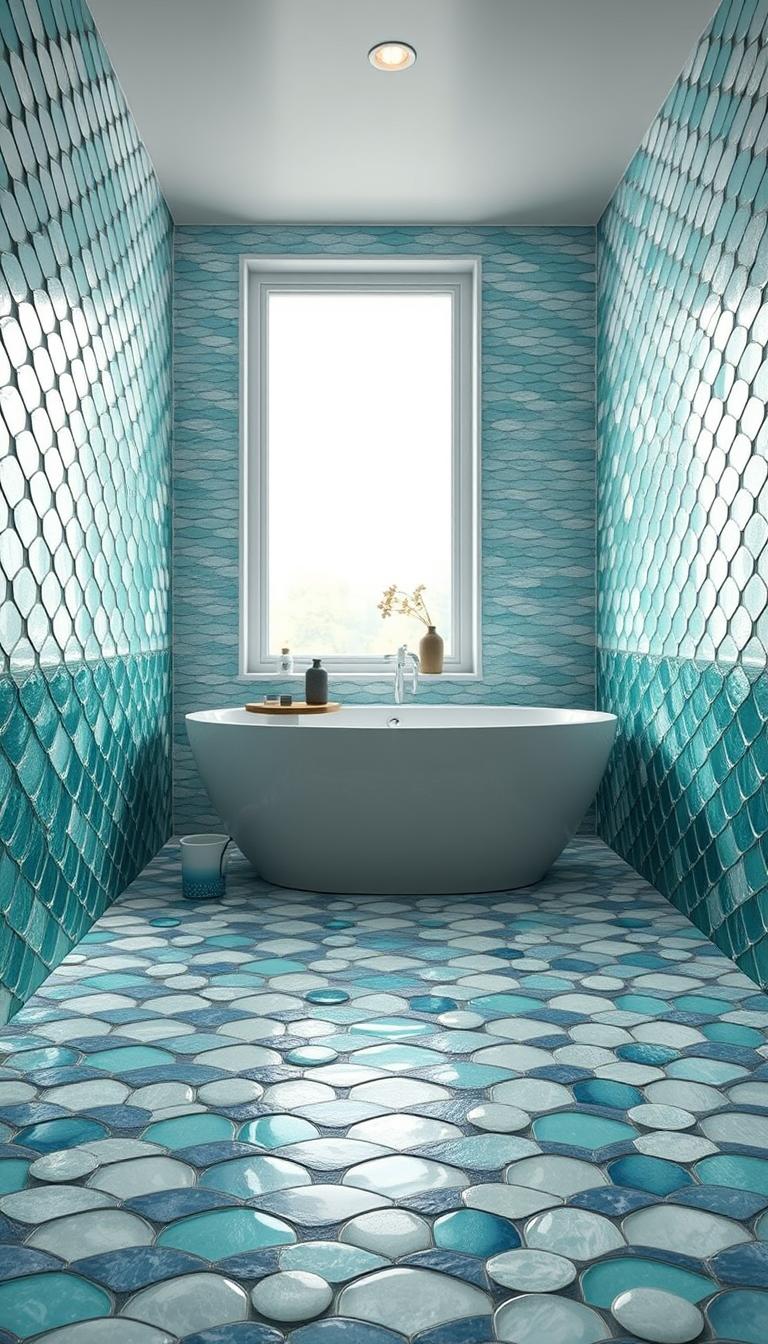 A captivating photograph of a bathroom featuring mermaid tile walls, showcasing shimmering, iridescent scales in hues of aqua, teal, and soft white. The foreground highlights elegant mermaid-style tiles intricately arranged in a flowing pattern, reflecting light for a mesmerizing effect. The middle ground includes a sleek, modern bathtub accented by tasteful decor items, set against the stunning tiled backdrop. In the background, soft natural light pours in from a frosted window, enhancing the peaceful atmosphere. Use a slightly elevated angle for a dynamic perspective that showcases both the tiles and the overall elegance of the space. The lighting should create a tranquil, inviting ambiance, inviting viewers to imagine themselves in this serene retreat. The image should be photorealistic, high definition, and devoid of any text or watermarks.