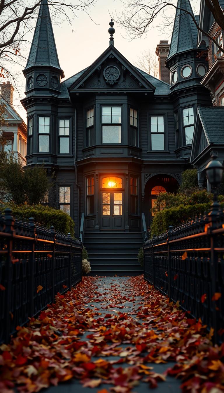 A captivating view of a Black Victorian house set in a picturesque neighborhood, showcasing intricate architectural details like ornate moldings and tall, pointed gables. In the foreground, vibrant autumn leaves blanket the pathway leading to the entrance, framed by wrought iron railings. The middle ground highlights the striking dark façade of the house, with bay windows and a grand front porch adorned with elegant white trim. In the background, hints of neighboring Gothic and Victorian homes blend harmoniously, surrounded by lush greenery under a soft golden sunset. The lighting casts a warm glow, enhancing the atmospheric, timeless elegance of the scene. Photorealistic image, high definition, with a focus on sharp details and a slightly elevated angle to capture the grandeur of the architecture. A captivating view of a Black Victorian house set in a picturesque neighborhood, showcasing intricate architectural details like ornate moldings and tall, pointed gables. In the foreground, vibrant autumn leaves blanket the pathway leading to the entrance, framed by wrought iron railings. The middle ground highlights the striking dark façade of the house, with bay windows and a grand front porch adorned with elegant white trim. In the background, hints of neighboring Gothic and Victorian homes blend harmoniously, surrounded by lush greenery under a soft golden sunset. The lighting casts a warm glow, enhancing the atmospheric, timeless elegance of the scene. Photorealistic image, high definition, with a focus on sharp details and a slightly elevated angle to capture the grandeur of the architecture.