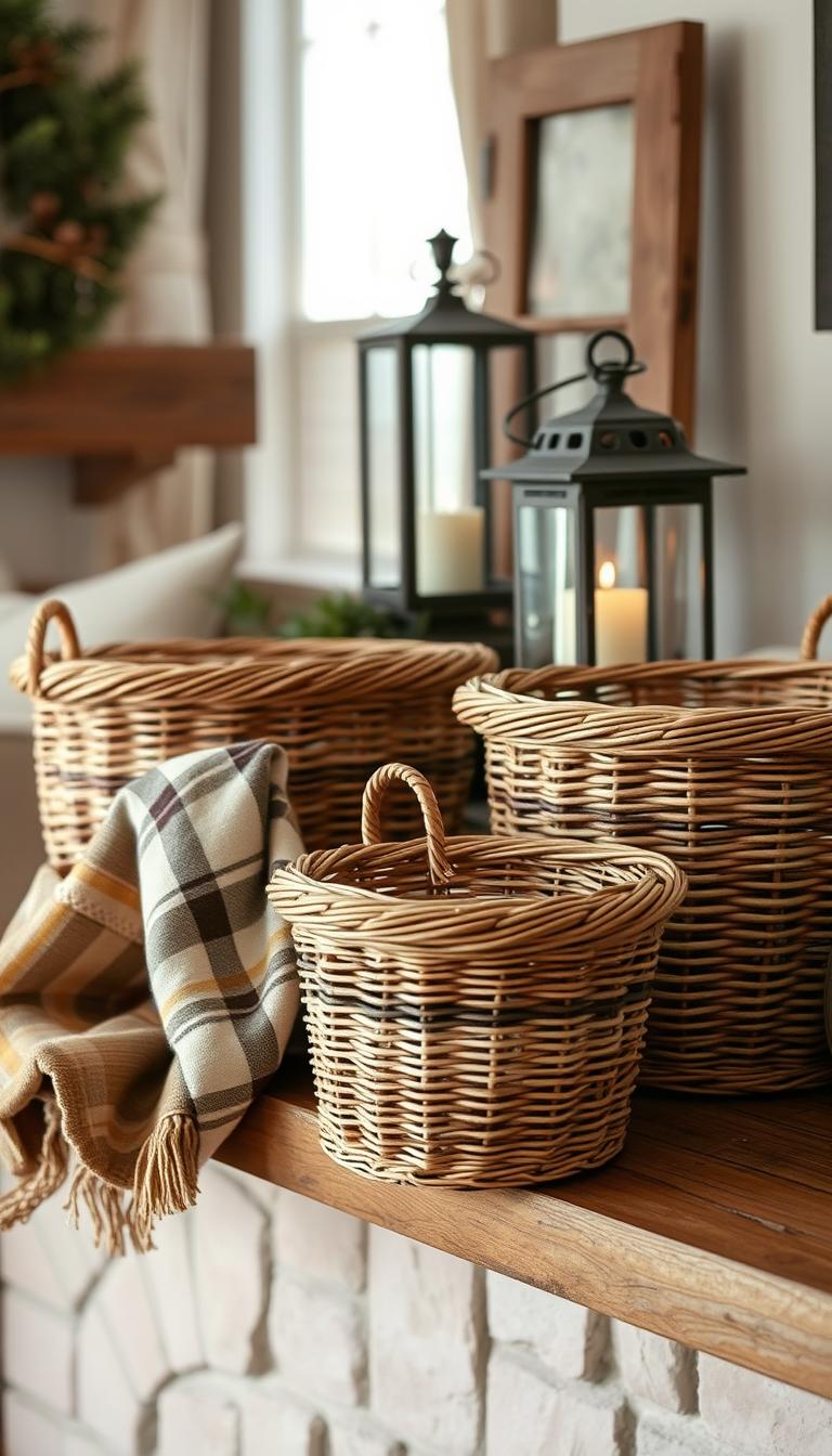 A charming, rustic display of farmhouse baskets in a cozy living room setting, focusing on three handcrafted wicker baskets of varying sizes positioned prominently on a warm wooden mantel. The foreground features textured, warm-toned textiles like a soft plaid throw draped casually beside the baskets. In the middle background, a vintage lantern with a flickering candle adds a gentle glow, surrounded by delicate doilies that accentuate the rustic charm. The scene is bathed in soft, natural light streaming through a nearby window, creating a warm, inviting atmosphere. The lens captures the arrangement from a slightly elevated angle, enhancing the depth and inviting the viewer to imagine the warmth of a cozy gathering space, perfect for rustic decor enthusiasts.