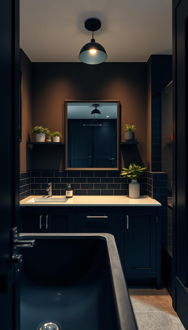 A chic budget-savvy bathroom featuring dark, rich tones to create a luxurious retreat. In the foreground, a deep navy blue vanity with a sleek white countertop and modern silver fixtures reflects a stylish yet affordable design. The middle section showcases tasteful decor, including a large, elegant mirror framed in black, minimalist shelves with potted plants, and embellished dark tiles that add depth. Soft lighting from a contemporary fixture illuminates the space, casting warm shadows that enhance the ambiance. In the background, subtle textures on the wall, such as a dark wood panel or matte paint, complement the overall aesthetic. The mood is inviting, sophisticated, and tailored for those looking to elevate their bathroom without breaking the bank. A serene, clean atmosphere perfect for relaxation.