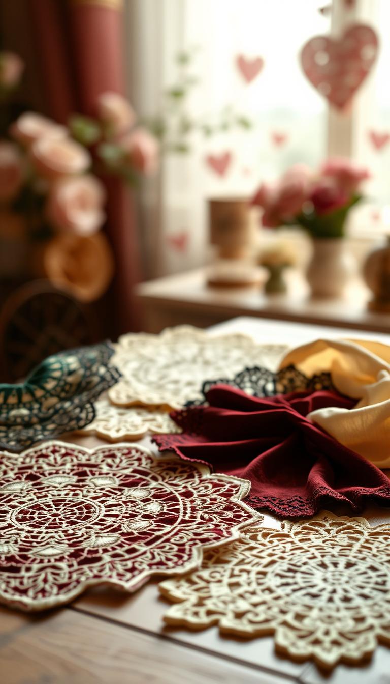 A collection of exquisite lace velvet doilies elegantly arranged on a soft, vintage wooden table. The foreground features a varied selection of doilies in rich, deep colors like burgundy, emerald green, and creamy ivory, showcasing intricate lace patterns and opulent velvet textures. In the middle ground, a delicate, romantic ambiance is created with gentle, diffused lighting that casts soft shadows, enhancing the details of the fabric. The background is softly blurred, hinting at a cozy, vintage-inspired room with hints of floral decor and subtle heart motifs. The overall atmosphere is enchanting and warm, evoking a sense of nostalgia, charm, and romance, perfect for a vintage Valentine’s theme. A shallow depth of field accentuates the doilies, making them the focal point, captured in a photorealistic, high-definition image. A collection of exquisite lace velvet doilies elegantly arranged on a soft, vintage wooden table. The foreground features a varied selection of doilies in rich, deep colors like burgundy, emerald green, and creamy ivory, showcasing intricate lace patterns and opulent velvet textures. In the middle ground, a delicate, romantic ambiance is created with gentle, diffused lighting that casts soft shadows, enhancing the details of the fabric. The background is softly blurred, hinting at a cozy, vintage-inspired room with hints of floral decor and subtle heart motifs. The overall atmosphere is enchanting and warm, evoking a sense of nostalgia, charm, and romance, perfect for a vintage Valentine’s theme. A shallow depth of field accentuates the doilies, making them the focal point, captured in a photorealistic, high-definition image.