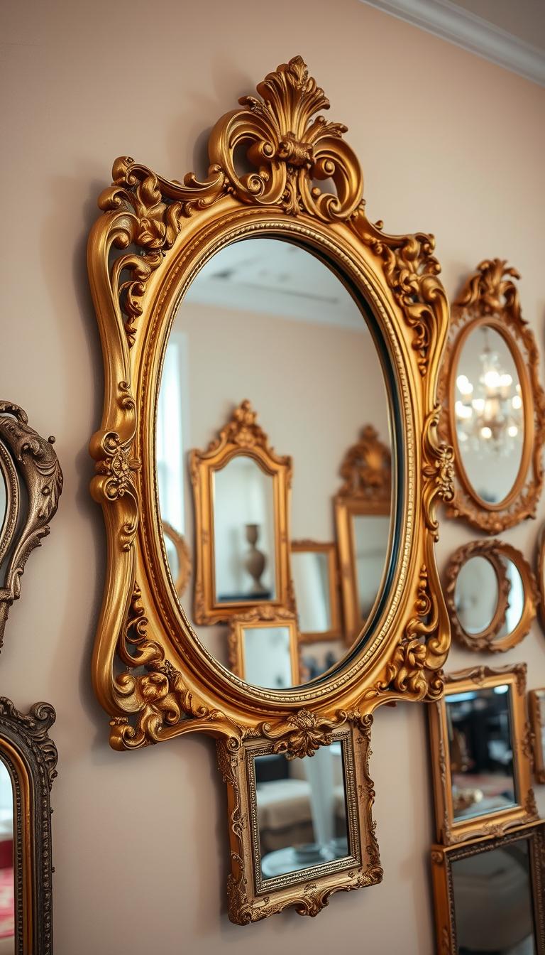 A collection of intricate Rococo mirror frames displayed elegantly against a soft, pastel-colored wall. In the foreground, a large ornate gold mirror frame with delicate floral motifs and swirling designs catches the light, reflecting a soft glow. In the middle ground, smaller frames of varying sizes hang artfully, showcasing their unique textures, including gilded edges and ornate carvings. In the background, a tastefully arranged Rococo-inspired room features subtle lighting from an elegant chandelier, enhancing the decorative atmosphere. The scene should evoke a sense of lightness and opulence, highlighting the charm of Rococo decor. Photography settings should aim for a clear depth of field, focusing on the frames while gently blurring the background to emphasize the ornate detailing of each frame. The overall mood should be inviting and sophisticated, capturing the essence of Rococo style. A collection of intricate Rococo mirror frames displayed elegantly against a soft, pastel-colored wall. In the foreground, a large ornate gold mirror frame with delicate floral motifs and swirling designs catches the light, reflecting a soft glow. In the middle ground, smaller frames of varying sizes hang artfully, showcasing their unique textures, including gilded edges and ornate carvings. In the background, a tastefully arranged Rococo-inspired room features subtle lighting from an elegant chandelier, enhancing the decorative atmosphere. The scene should evoke a sense of lightness and opulence, highlighting the charm of Rococo decor. Photography settings should aim for a clear depth of field, focusing on the frames while gently blurring the background to emphasize the ornate detailing of each frame. The overall mood should be inviting and sophisticated, capturing the essence of Rococo style.