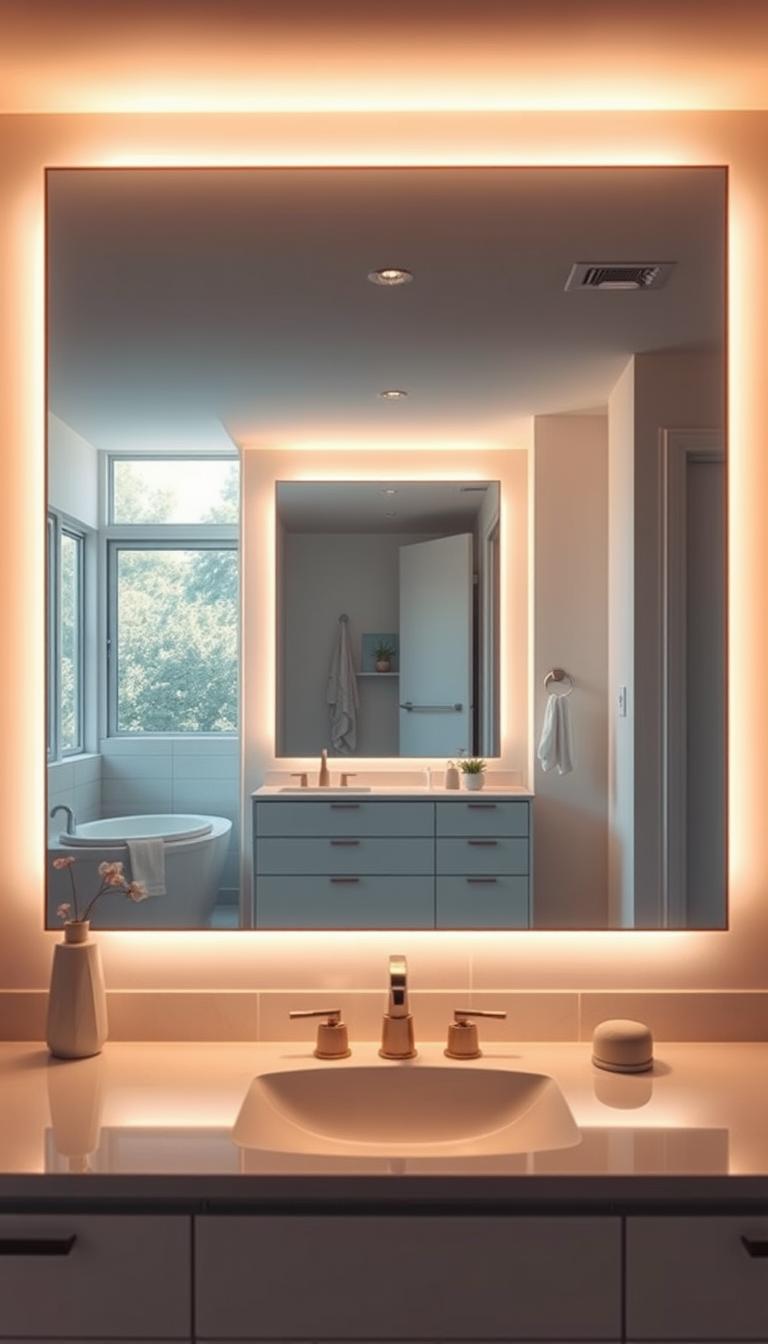 A contemporary bathroom scene showcasing an elegant setup of mirrors and strategic lighting. In the foreground, a sleek, frameless mirror reflects soft, ambient light, creating a soothing atmosphere. The middle layer features a stylish vanity with subtle, modern fixtures and decorative elements that complement the mirrors. In the background, a large window allows natural light to pour in, enhancing the sense of openness and brightness. The room's walls are painted in a calming pastel tone, harmonizing with the light tones of the tiled floor. Utilize a warm lighting scheme with highlights accentuating the mirror edges for a vibrant yet relaxing ambiance. The overall mood should be refreshing and invigorating, perfect for a renovated space designed for comfort and style. High-definition, photorealistic detail captures every element. A contemporary bathroom scene showcasing an elegant setup of mirrors and strategic lighting. In the foreground, a sleek, frameless mirror reflects soft, ambient light, creating a soothing atmosphere. The middle layer features a stylish vanity with subtle, modern fixtures and decorative elements that complement the mirrors. In the background, a large window allows natural light to pour in, enhancing the sense of openness and brightness. The room's walls are painted in a calming pastel tone, harmonizing with the light tones of the tiled floor. Utilize a warm lighting scheme with highlights accentuating the mirror edges for a vibrant yet relaxing ambiance. The overall mood should be refreshing and invigorating, perfect for a renovated space designed for comfort and style. High-definition, photorealistic detail captures every element.