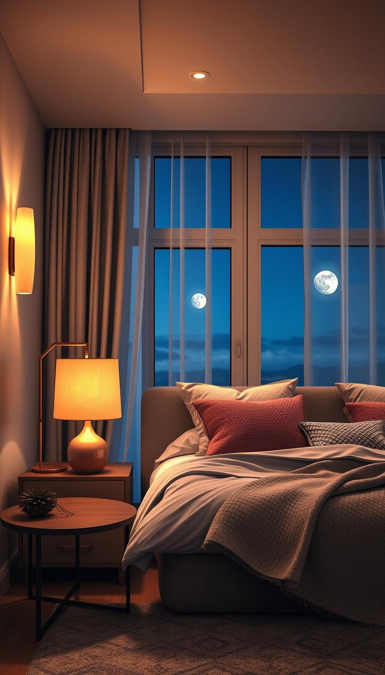 A cozy adult bedroom designed for optimal sleep and style, showcasing versatile lighting options that transition from day to night. In the foreground, a stylish bedside table with a modern lamp, casting a warm, inviting glow. The middle ground features a plush bed dressed in soft, neutral tones, layered with textured pillows and a lightweight throw. Elegant wall sconces illuminate the room softly, creating a serene atmosphere. In the background, large windows reveal a serene night sky, with sheer curtains allowing moonlight to filter in. The room has a calming ambiance, featuring soft shadows and gentle highlights. The image is taken from a slightly elevated angle, emphasizing the harmony between lighting and design, rendered in photorealistic detail with high definition.