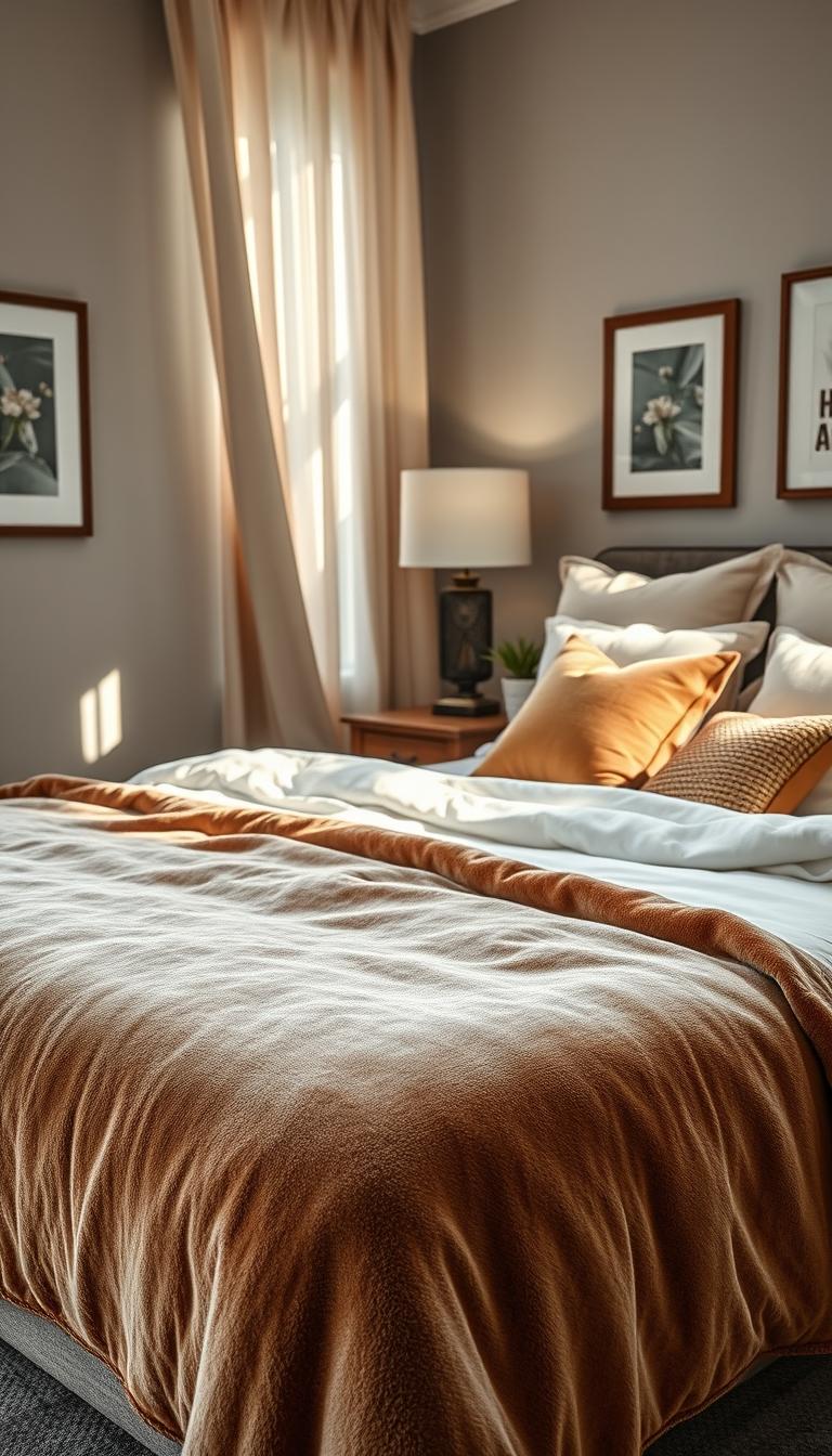 A cozy adult bedroom with layered textures, showcasing an inviting atmosphere for better sleep and style. In the foreground, a plush velvet throw blankets the edge of a neatly made king-size bed with an assortment of decorative pillows in various fabrics such as linen, cotton, and faux fur. The middle layer features a soft area rug, adding warmth, with a rustic wooden nightstand adorned with a stylish lamp and a small potted plant. In the background, soft, diffused natural light filters through sheer curtains, casting gentle shadows. The walls are painted a calming, muted color, accentuated by framed artwork and subtle decor elements. Shot with a wide-angle lens to capture the full ambiance, this photorealistic image emphasizes tranquility and comfort in a stylish bedroom setting.