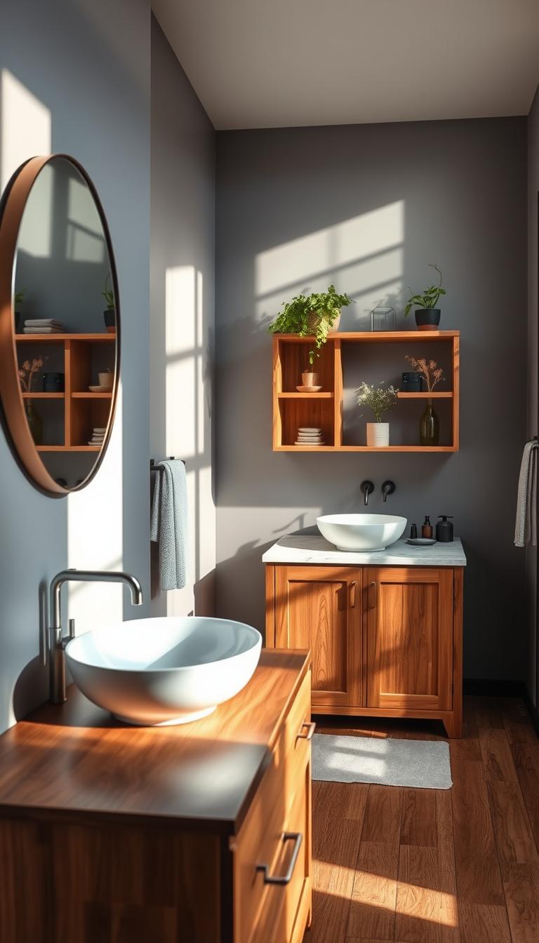 A cozy and inviting bathroom featuring a beautifully crafted wood vanity as the focal point. The vanity is made of rich, warm-toned hardwood, with a polished marble countertop and an elegant vessel sink on top. In the foreground, a sleek round mirror reflects natural light, enhancing the serene atmosphere. The middle ground showcases a subtle gray color palette on the walls, complementing the wood's warmth, with stylish wooden shelving adorned with potted plants and decorative items. In the background, soft ambient lighting creates a calm vibe, while a large window lets in gentle daylight, casting flattering shadows. The scene is captured with a soft focus lens, emphasizing the textures of the wood and materials for a photorealistic, high-definition look, evoking a tranquil and harmonious sanctuary.