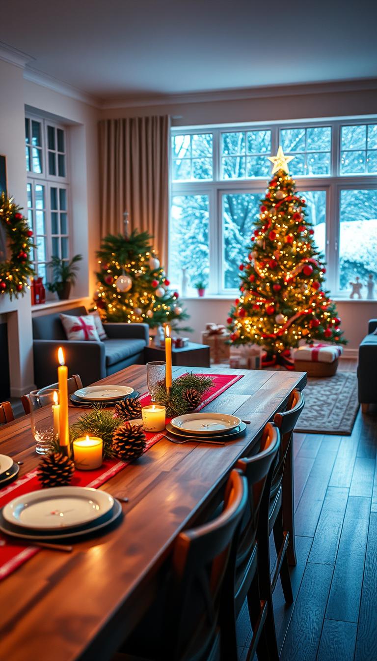A cozy and inviting living room adorned with the IKEA VINTERFINT 2025 Christmas collection. In the foreground, a beautifully set wooden dining table with festive decorations, including a red and white table runner, pinecone centerpieces, and flickering candles. The middle ground features a decorated Christmas tree adorned with vibrant ornaments, twinkling lights, and a playful star atop, reflecting the warmth of holiday gatherings. In the background, large windows with a gentle snowfall outside, enhancing the festive atmosphere. The lighting is soft and warm, casting a welcoming glow throughout the room, evoking a sense of comfort and joy. The overall mood is cheerful and festive, perfect for the holiday season. A cozy and inviting living room adorned with the IKEA VINTERFINT 2025 Christmas collection. In the foreground, a beautifully set wooden dining table with festive decorations, including a red and white table runner, pinecone centerpieces, and flickering candles. The middle ground features a decorated Christmas tree adorned with vibrant ornaments, twinkling lights, and a playful star atop, reflecting the warmth of holiday gatherings. In the background, large windows with a gentle snowfall outside, enhancing the festive atmosphere. The lighting is soft and warm, casting a welcoming glow throughout the room, evoking a sense of comfort and joy. The overall mood is cheerful and festive, perfect for the holiday season.